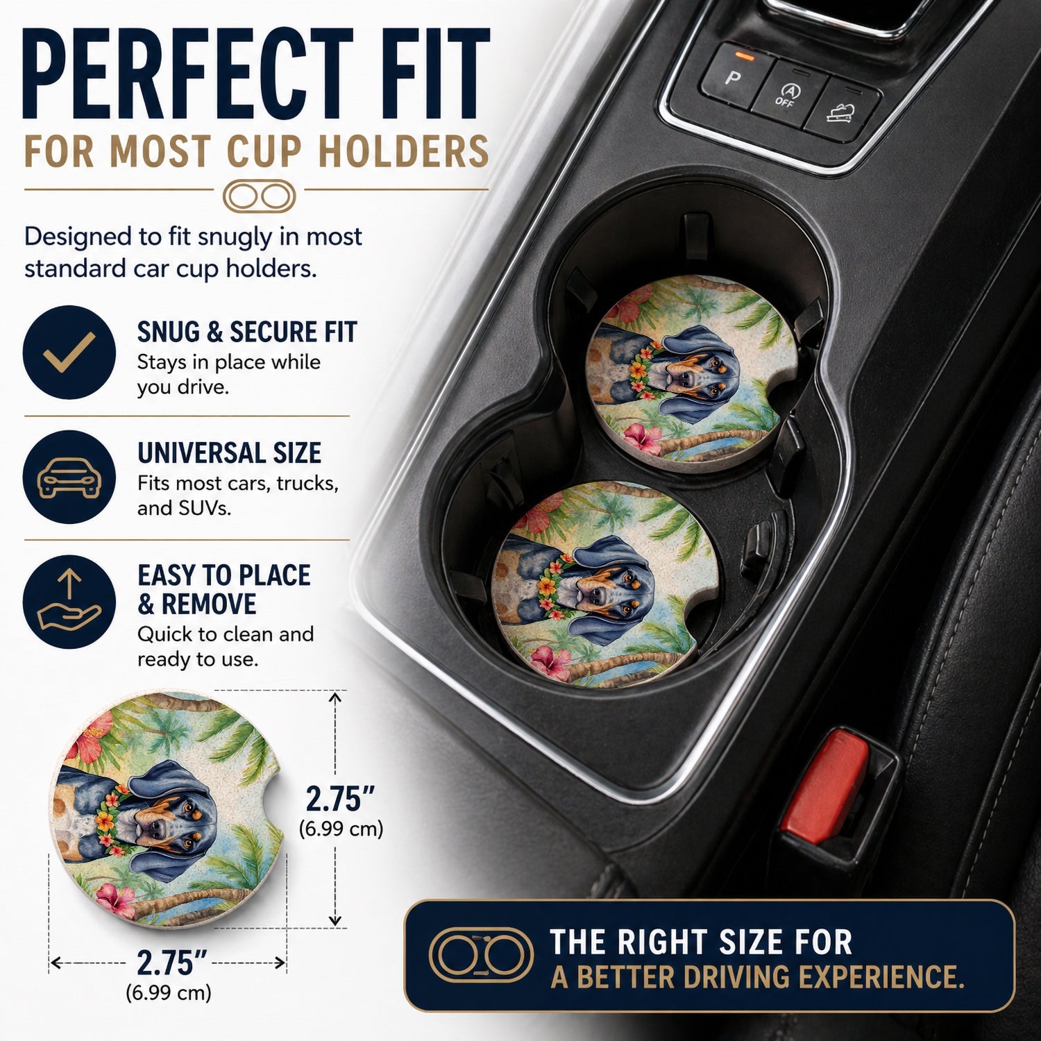 Bluetick Coonhound Luau Set of 2 Cup Holder Car Coasters Absorbent Round Sandstone Coasters Gifts for Men or Women, 2.5, Multicolor