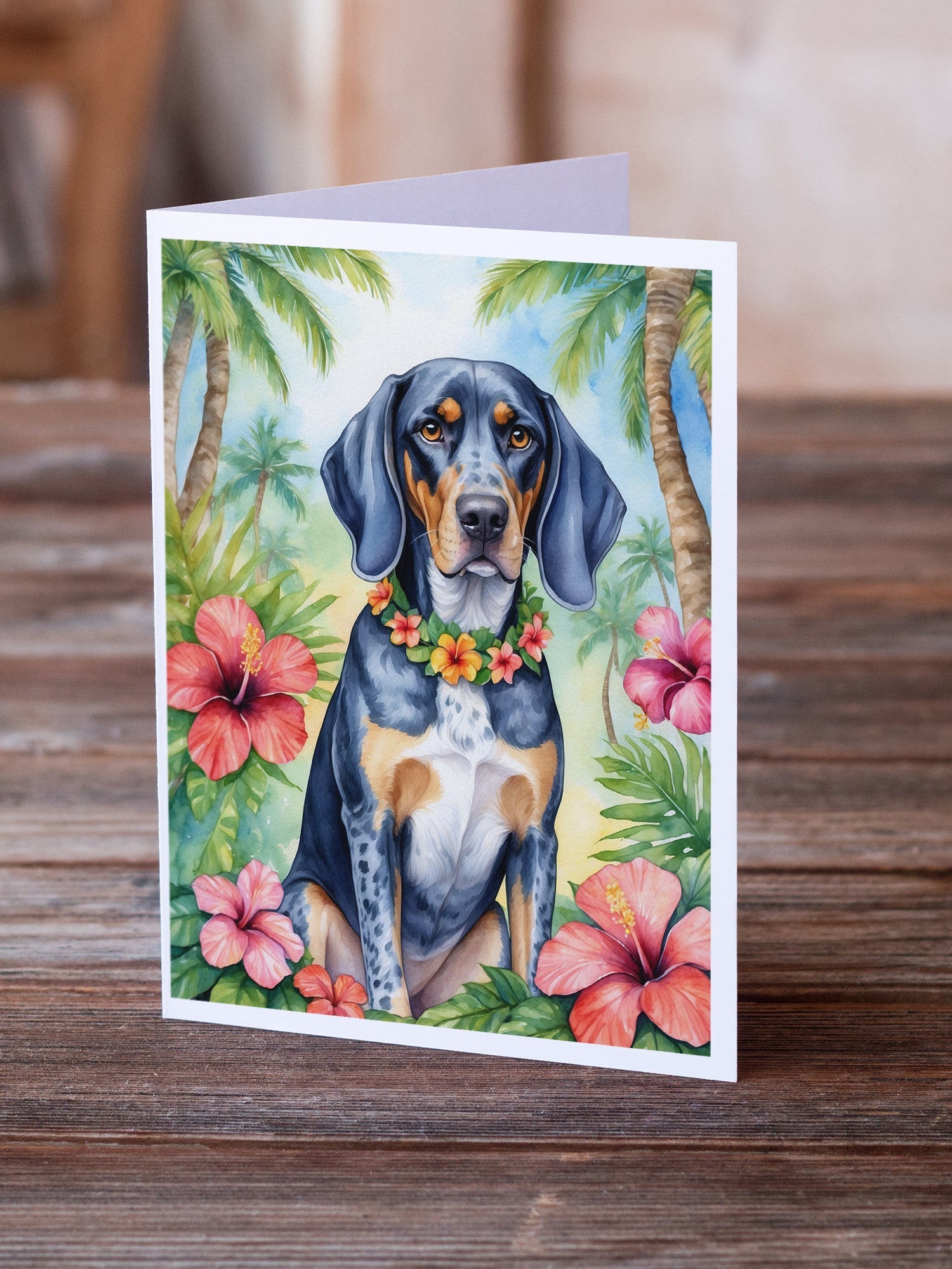 Bluetick Coonhound Luau Greeting Cards Pack of 8 Blank Cards with Envelopes Whimsical A7 Size 5x7