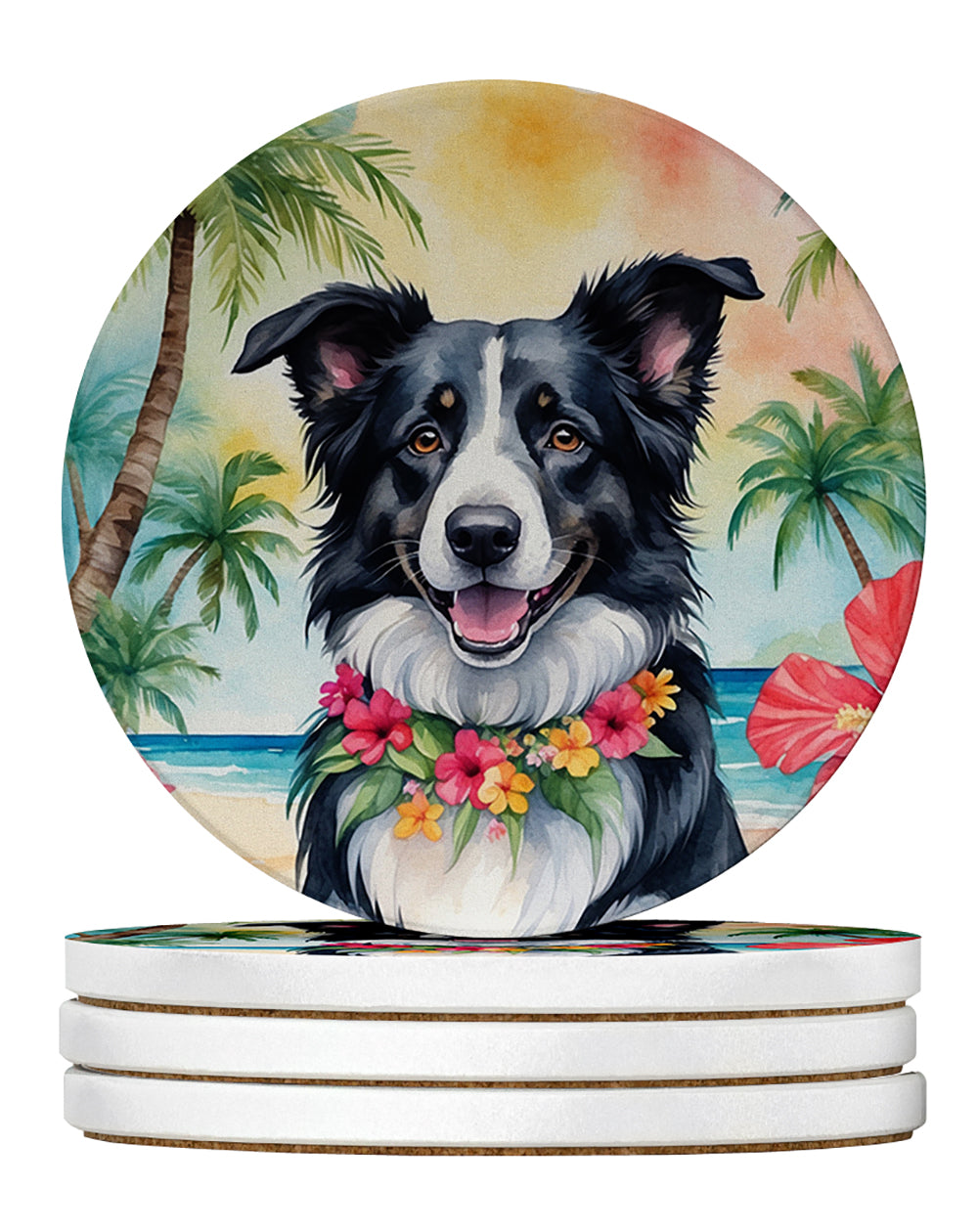 Border Collie Luau Large Sandstone Coasters Pack of 4 Absorbent Round Coasters Decor Gifts for Men or Women, 4 in, Multicolor