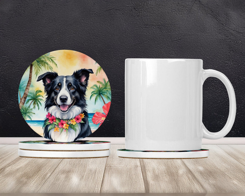 Border Collie Luau Large Sandstone Coasters Pack of 4 Absorbent Round Coasters Decor Gifts for Men or Women, 4 in, Multicolor