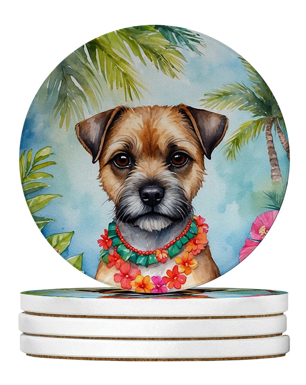 Border Terrier Luau Large Sandstone Coasters Pack of 4 Absorbent Round Coasters Decor Gifts for Men or Women, 4 in, Multicolor