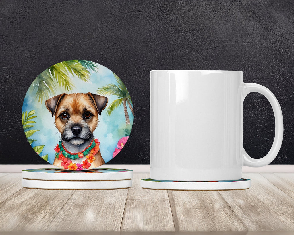 Border Terrier Luau Large Sandstone Coasters Pack of 4 Absorbent Round Coasters Decor Gifts for Men or Women, 4 in, Multicolor