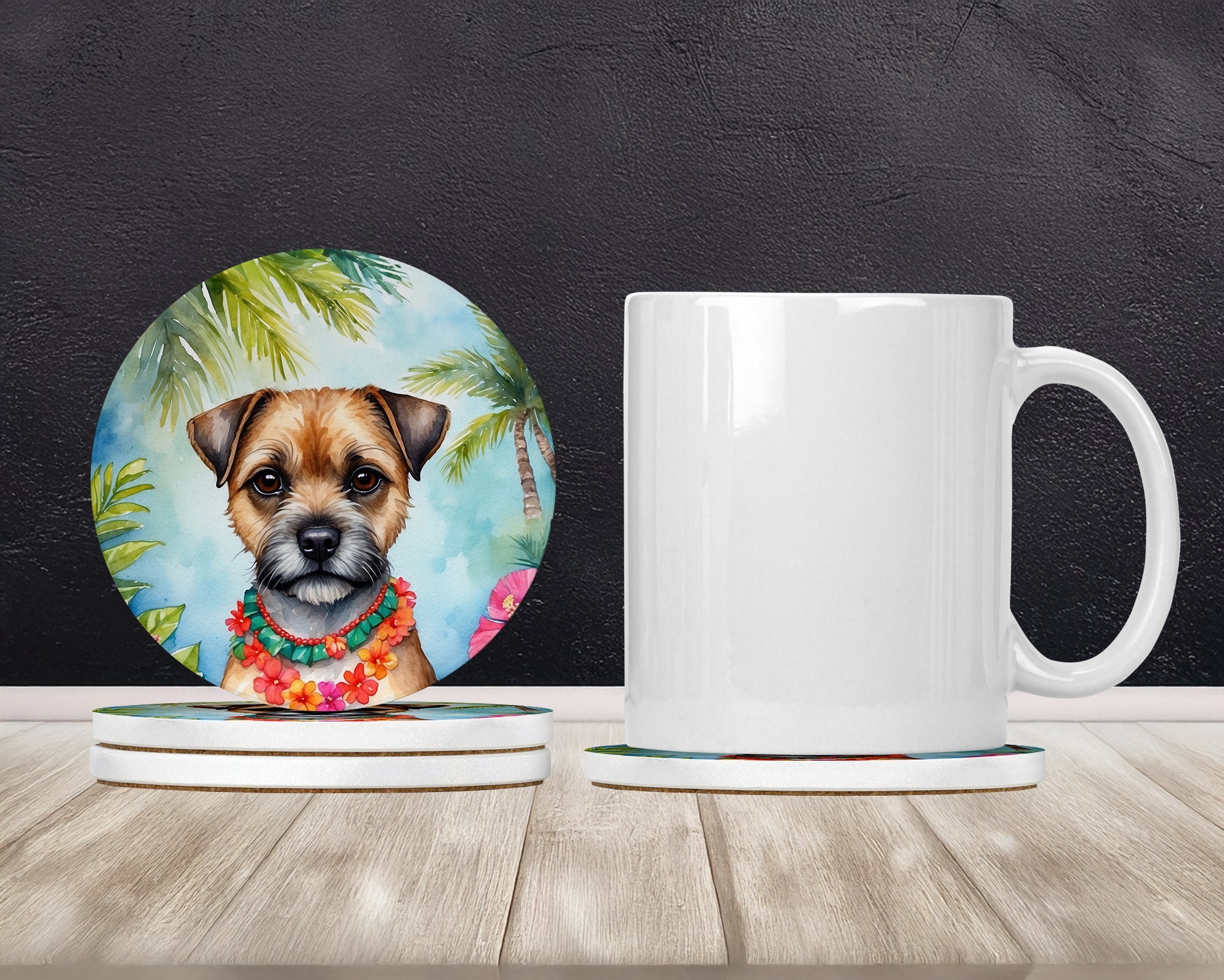 Border Terrier Luau Large Sandstone Coasters Pack of 4 Absorbent Round Coasters Decor Gifts for Men or Women, 4 in, Multicolor