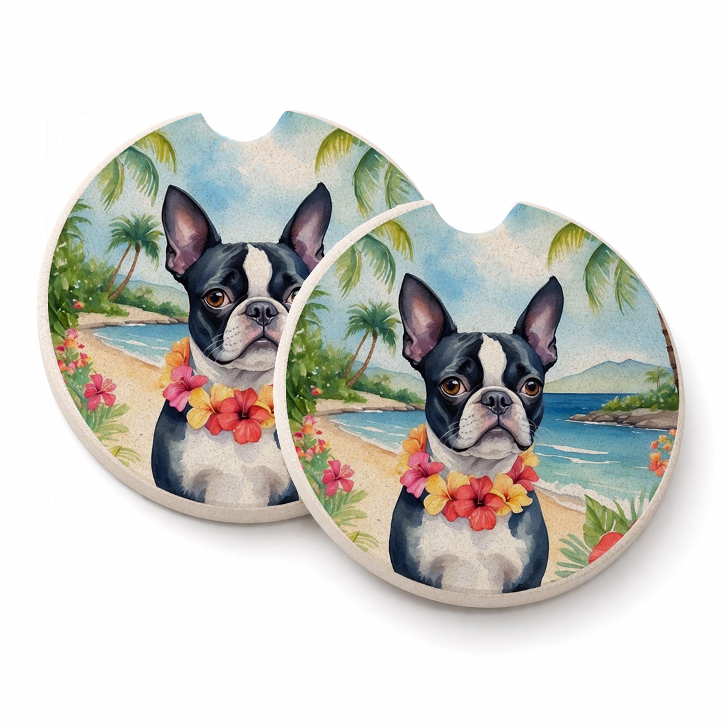 Boston Terrier Luau Set of 2 Cup Holder Car Coasters Absorbent Round Sandstone Coasters Gifts for Men or Women, 2.5, Multicolor