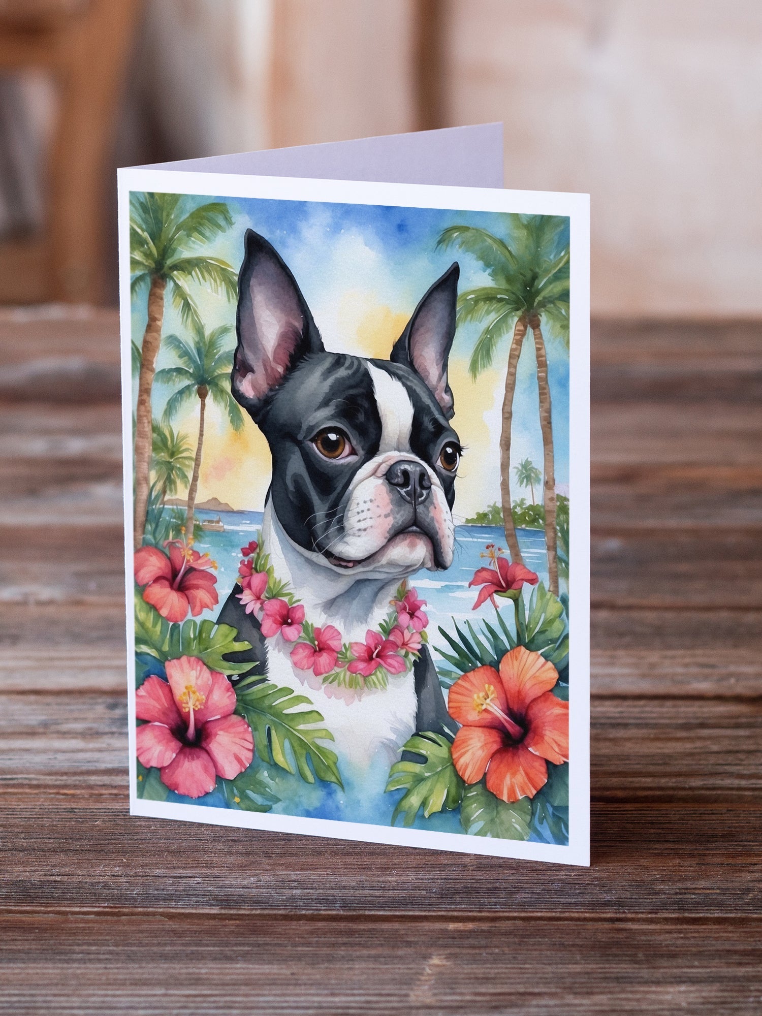 Boston Terrier Luau Greeting Cards Pack of 8 Blank Cards with Envelopes Whimsical A7 Size 5x7