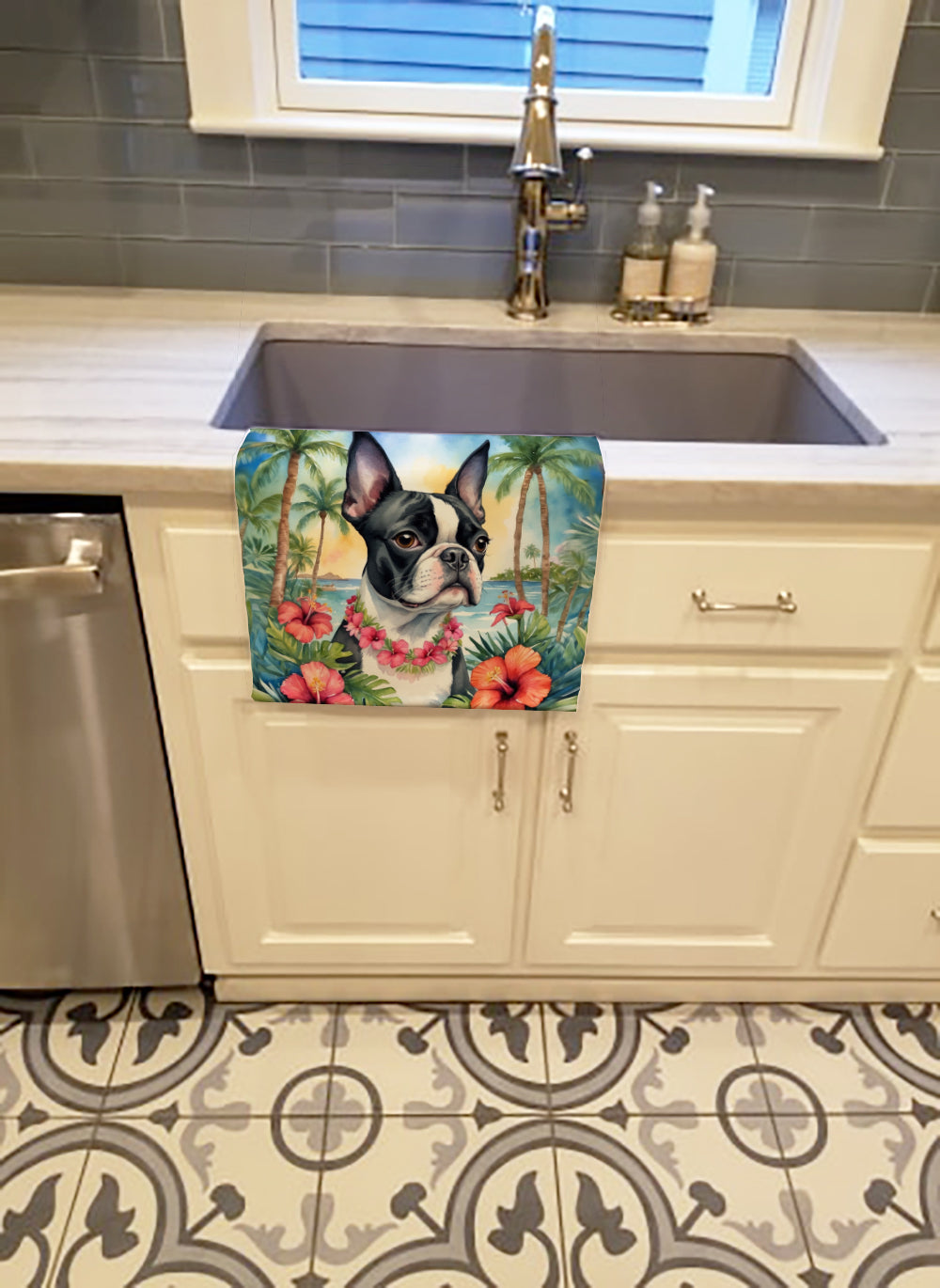 Boston Terrier Luau Kitchen Towel Velour Plush Front and Cotton Loop Back Machine Washable