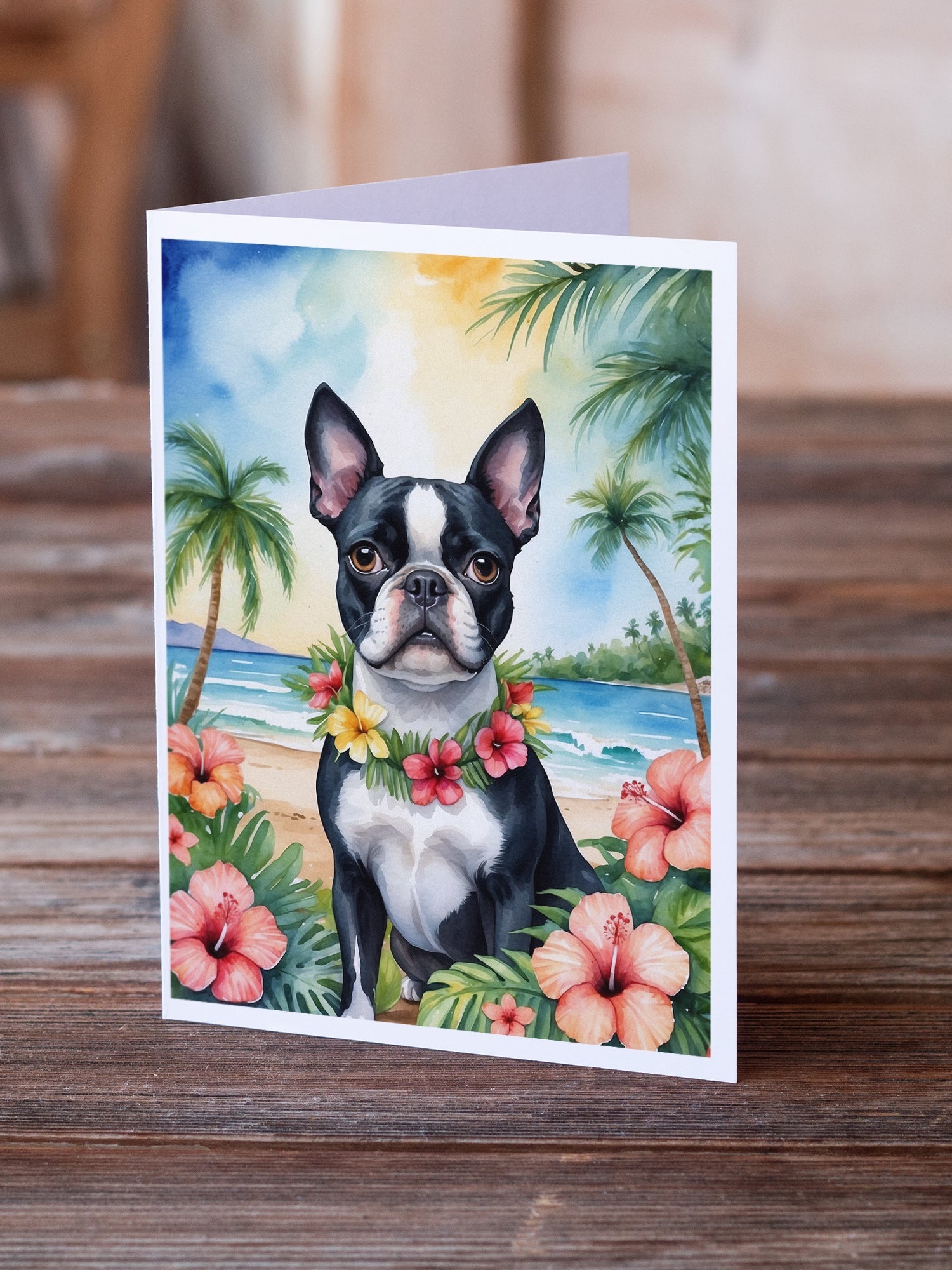 Boston Terrier Luau Greeting Cards Pack of 8 Blank Cards with Envelopes Whimsical A7 Size 5x7