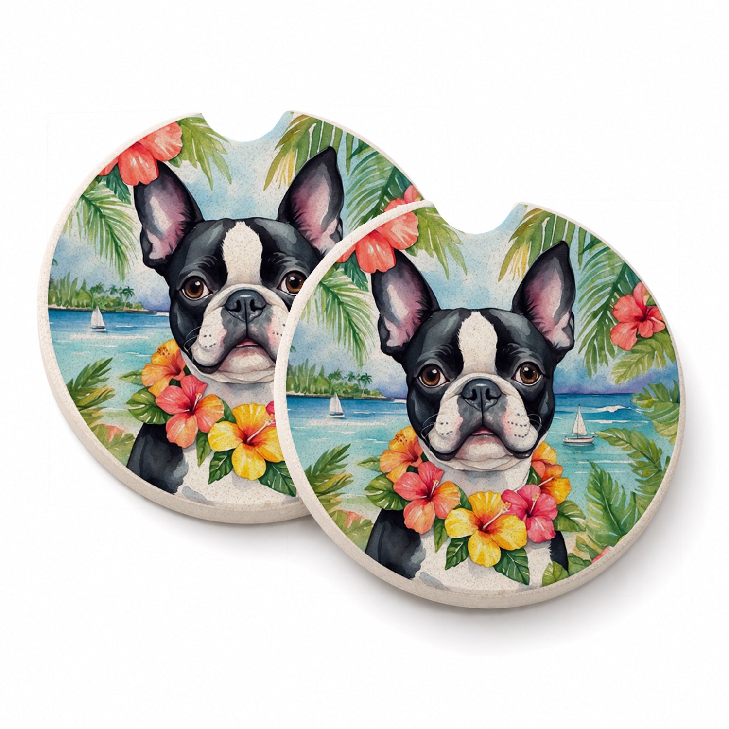 Boston Terrier Luau Set of 2 Cup Holder Car Coasters Absorbent Round Sandstone Coasters Gifts for Men or Women, 2.5, Multicolor