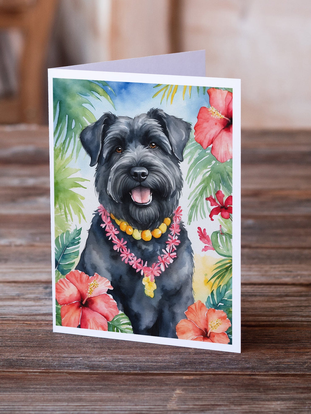 Bouvier des Flandres Luau Greeting Cards Pack of 8 Blank Cards with Envelopes Whimsical A7 Size 5x7