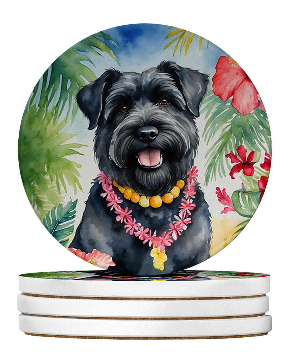 Bouvier des Flandres Luau Large Sandstone Coasters Pack of 4 Absorbent Round Coasters Decor Gifts for Men or Women, 4 in, Multicolor