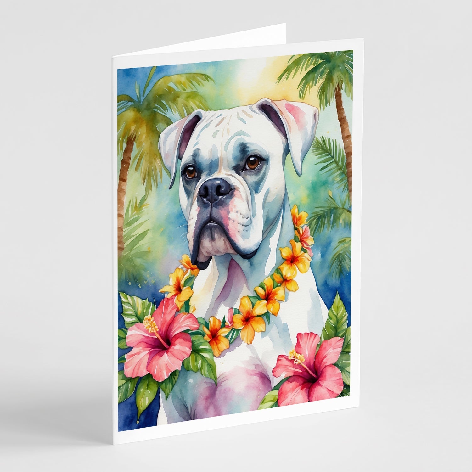 White Boxer Luau Greeting Cards Pack of 8 Blank Cards with Envelopes Whimsical A7 Size 5x7