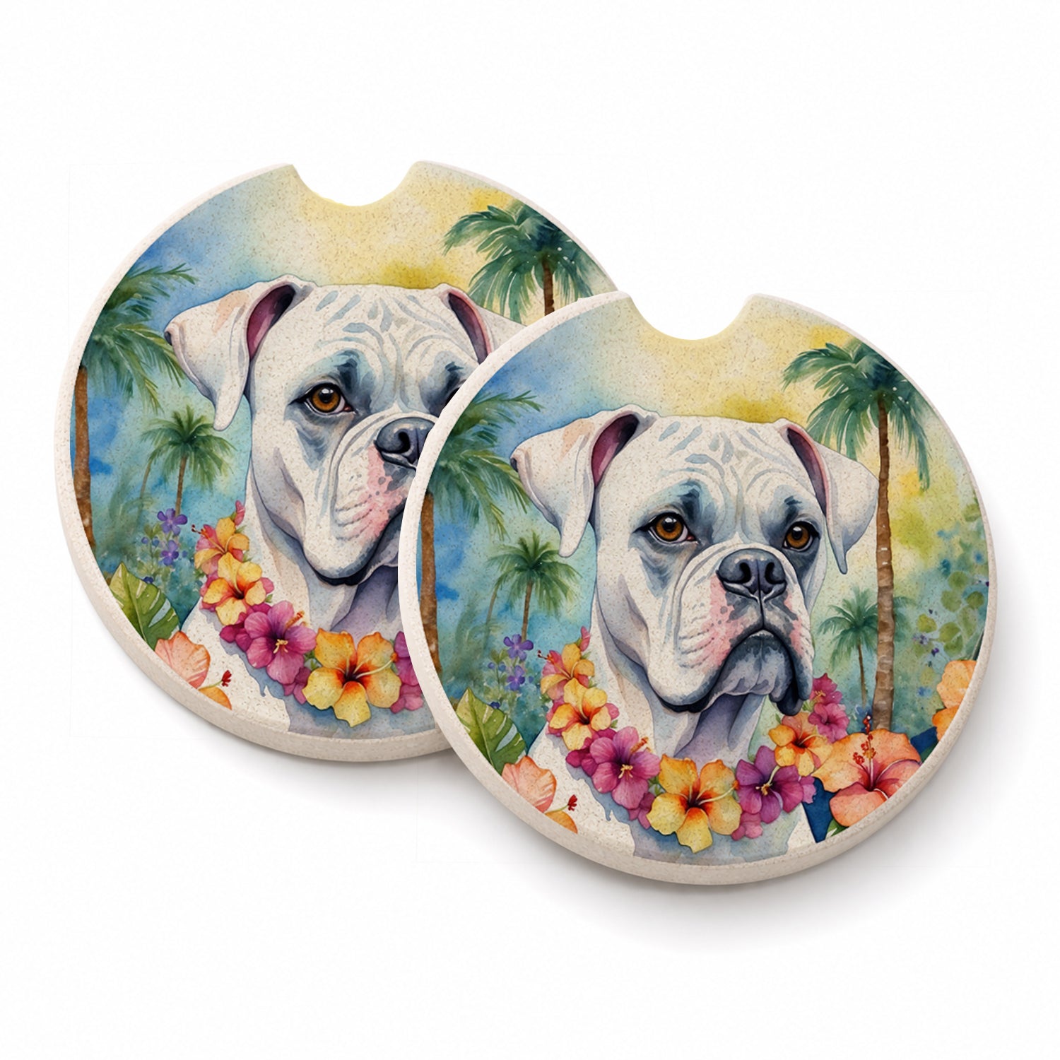 White Boxer Luau Set of 2 Cup Holder Car Coasters Absorbent Round Sandstone Coasters Gifts for Men or Women, 2.5, Multicolor