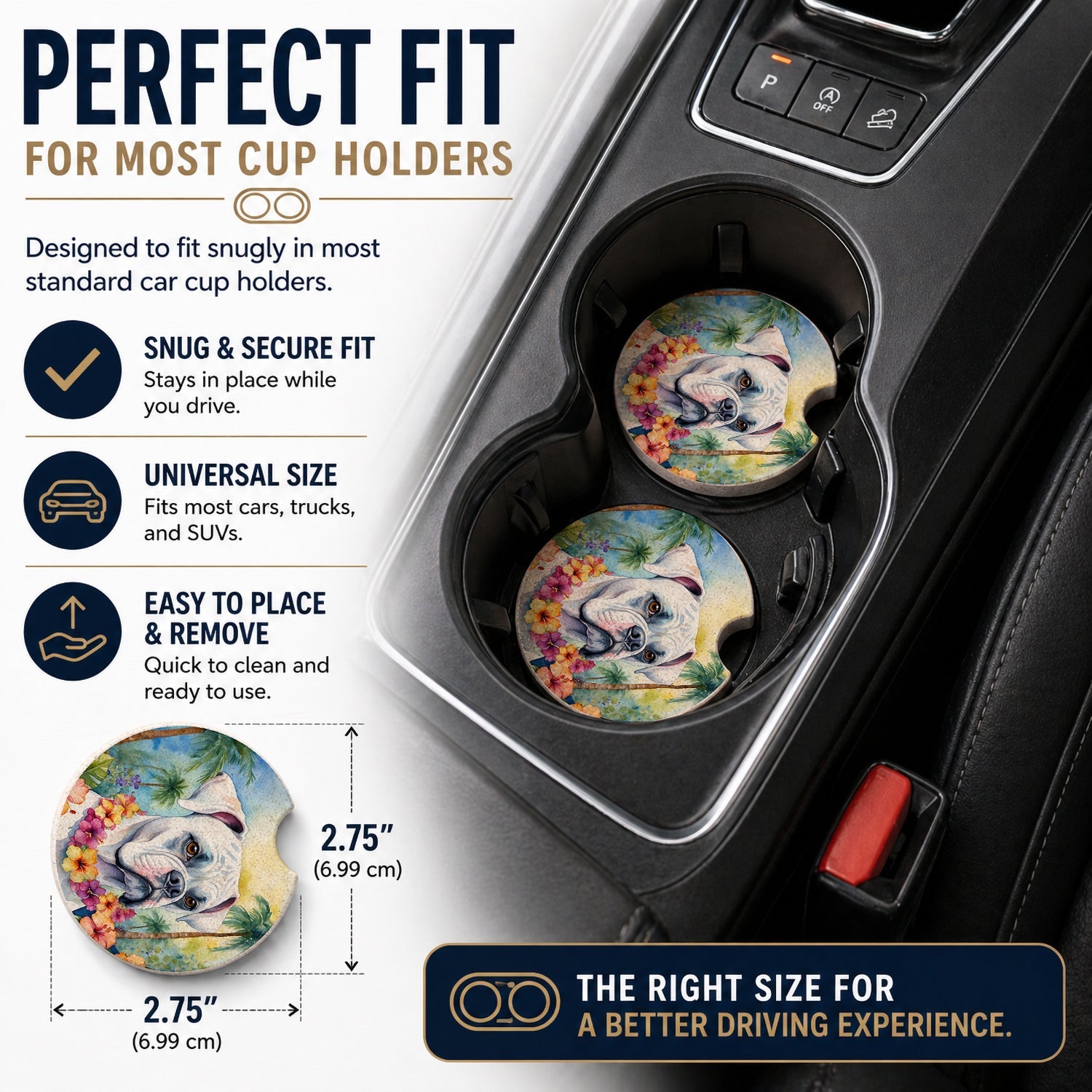 White Boxer Luau Set of 2 Cup Holder Car Coasters Absorbent Round Sandstone Coasters Gifts for Men or Women, 2.5, Multicolor