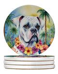 White Boxer Luau Large Sandstone Coasters Pack of 4 Absorbent Round Coasters Decor Gifts for Men or Women, 4 in, Multicolor