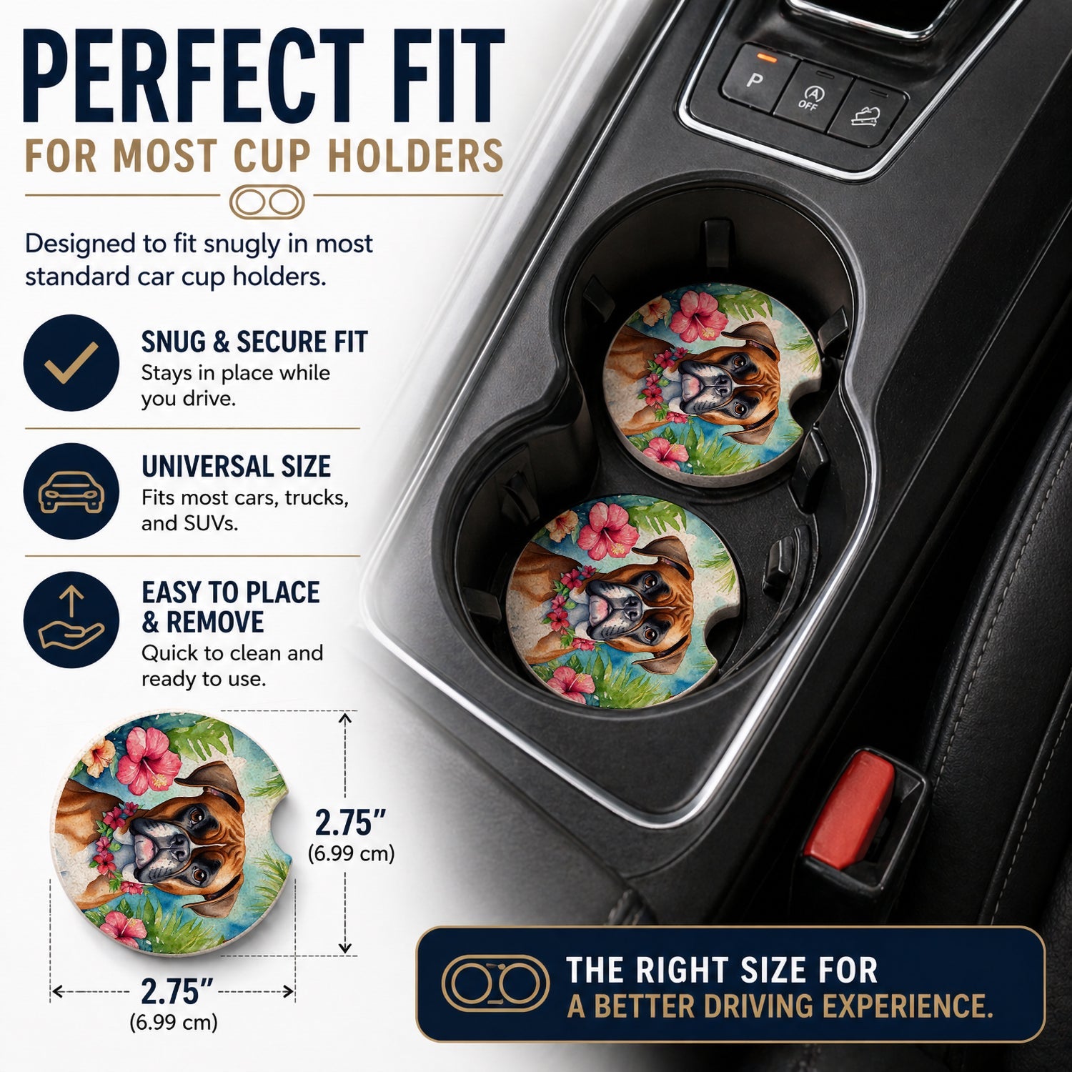 Boxer Luau Set of 2 Cup Holder Car Coasters Absorbent Round Sandstone Coasters Gifts for Men or Women, 2.5, Multicolor