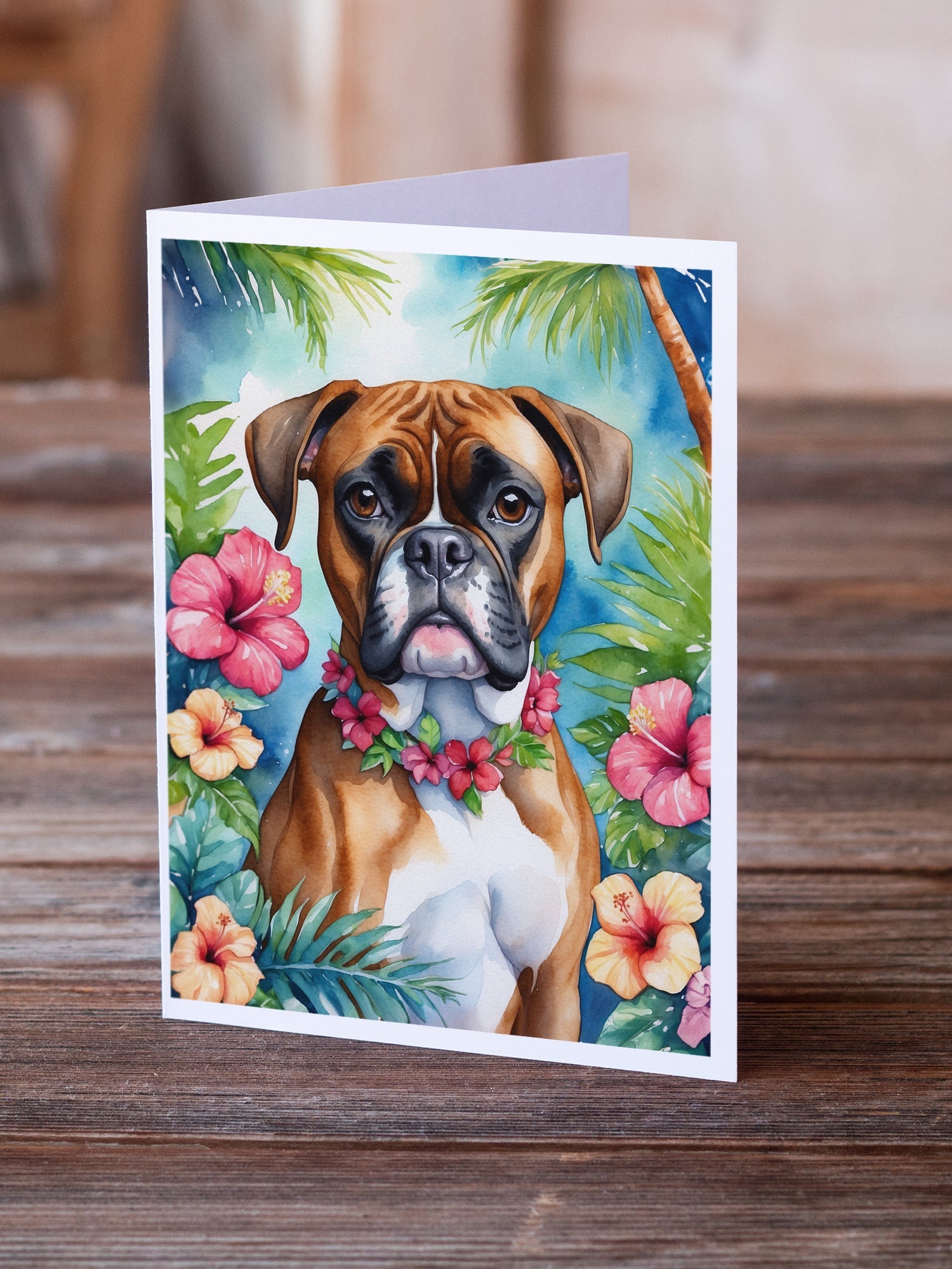 Boxer Luau Greeting Cards Pack of 8 Blank Cards with Envelopes Whimsical A7 Size 5x7