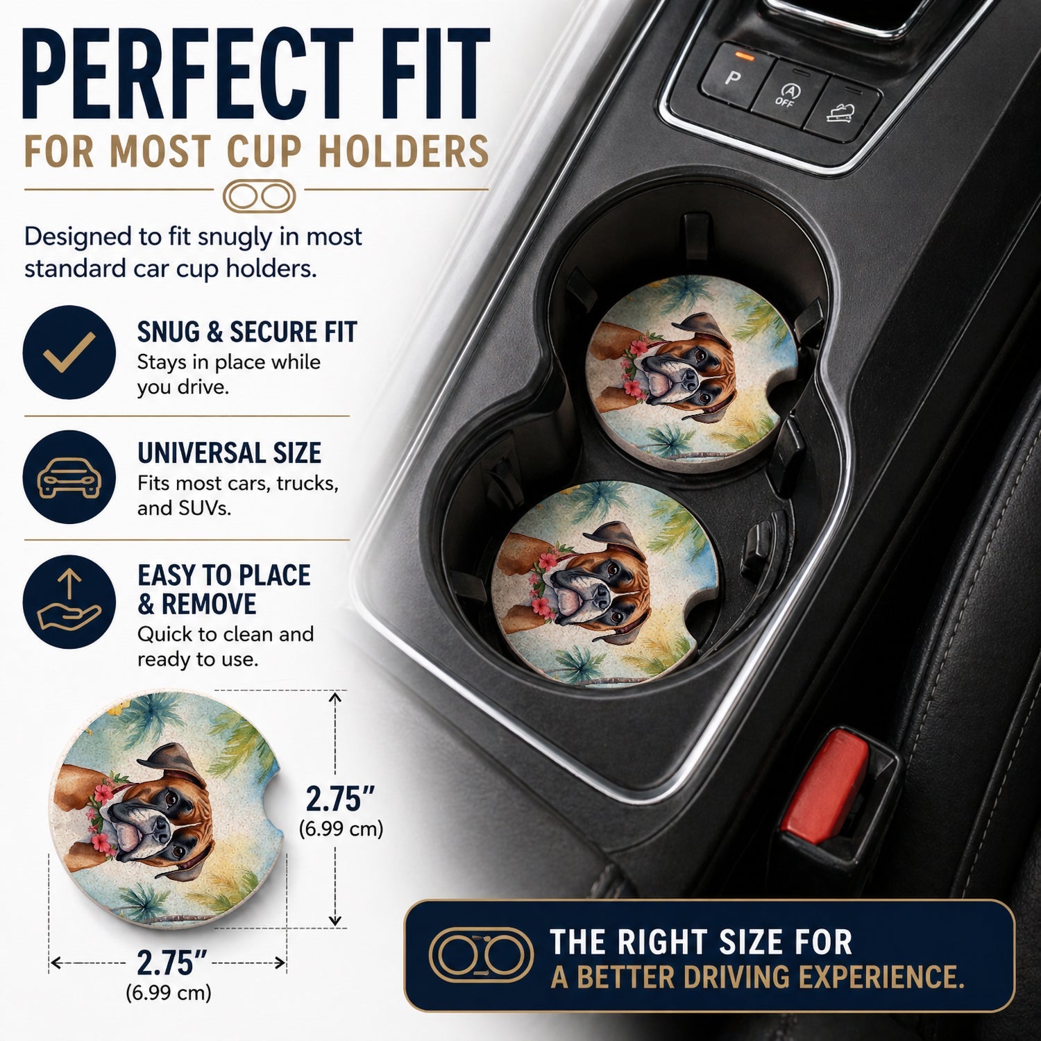 Boxer Luau Set of 2 Cup Holder Car Coasters Absorbent Round Sandstone Coasters Gifts for Men or Women, 2.5, Multicolor