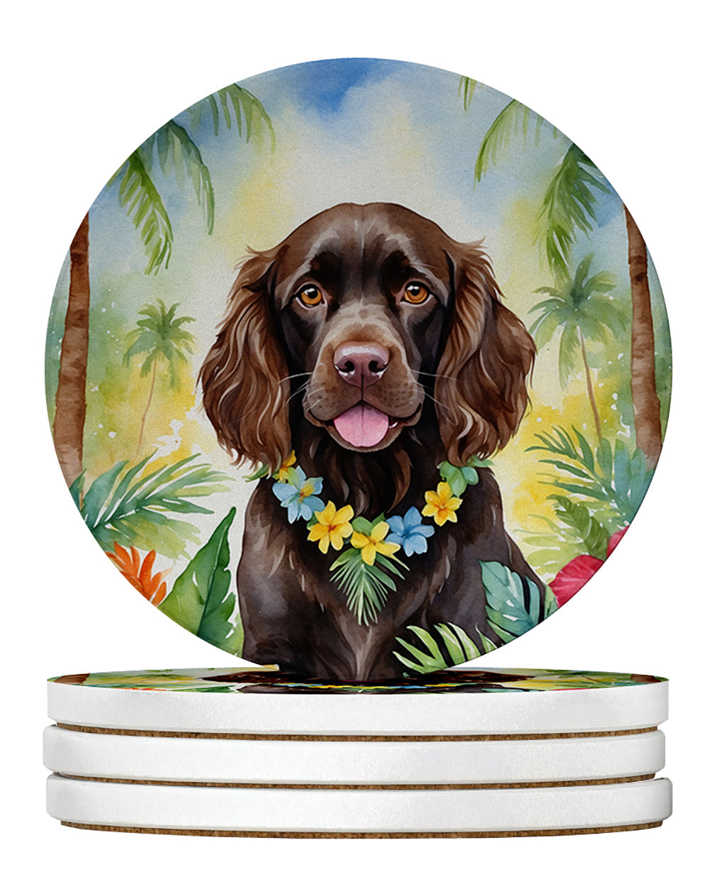 Boykin Spaniel Luau Large Sandstone Coasters Pack of 4 Absorbent Round Coasters Decor Gifts for Men or Women, 4 in, Multicolor