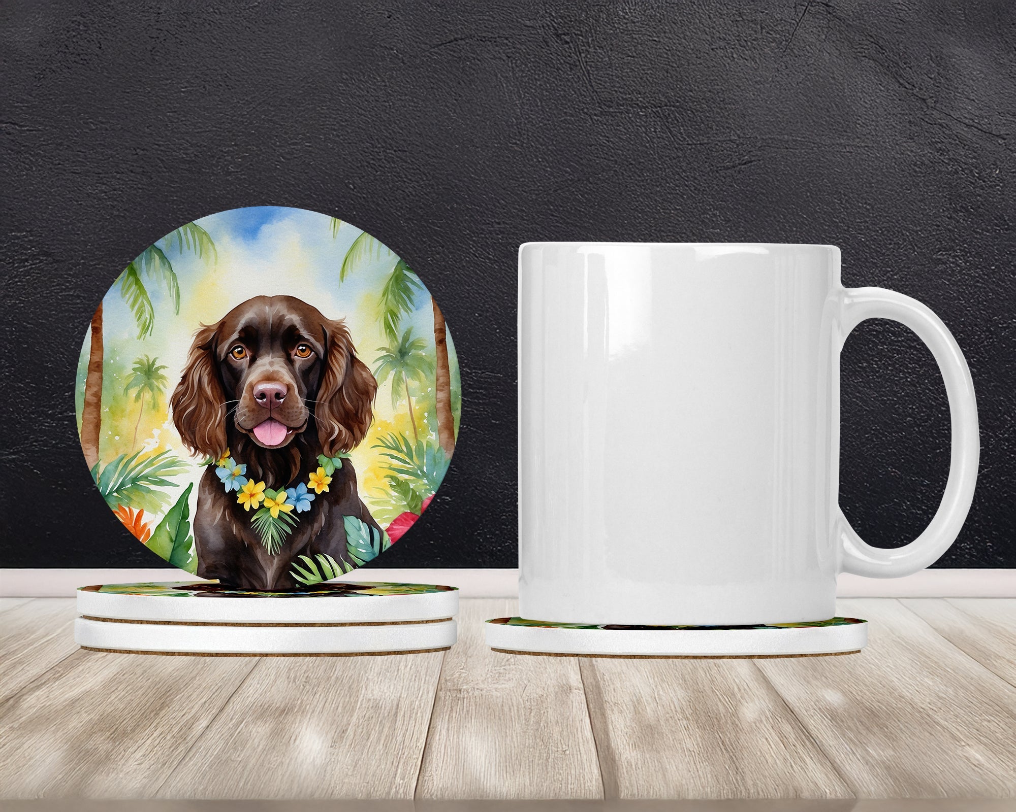 Boykin Spaniel Luau Large Sandstone Coasters Pack of 4 Absorbent Round Coasters Decor Gifts for Men or Women, 4 in, Multicolor