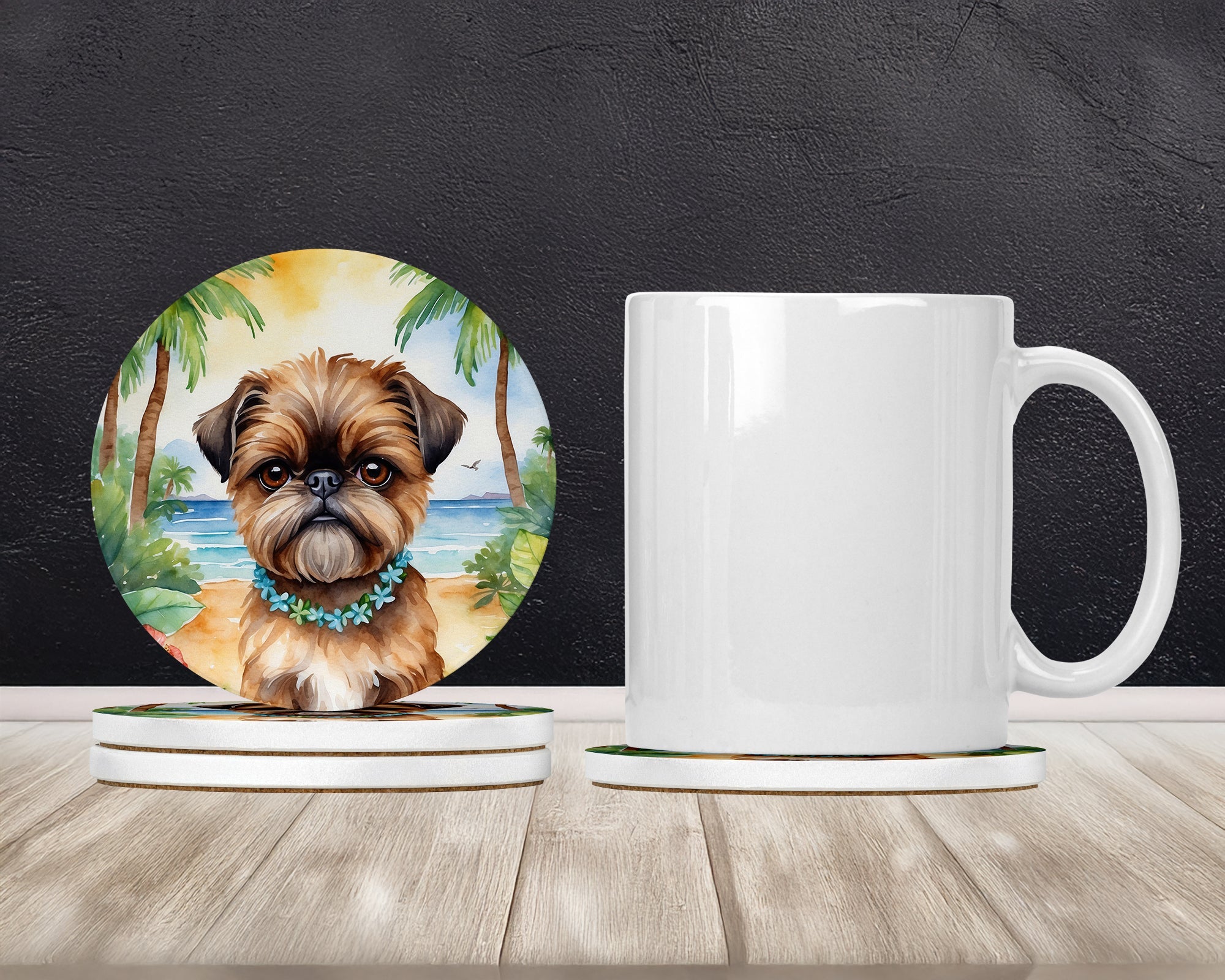 Brussels Griffon Luau Large Sandstone Coasters Pack of 4 Absorbent Round Coasters Decor Gifts for Men or Women, 4 in, Multicolor