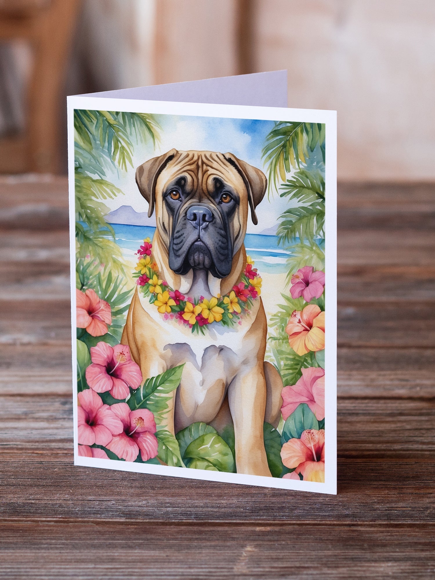 Bullmastiff Luau Greeting Cards Pack of 8 Blank Cards with Envelopes Whimsical A7 Size 5x7