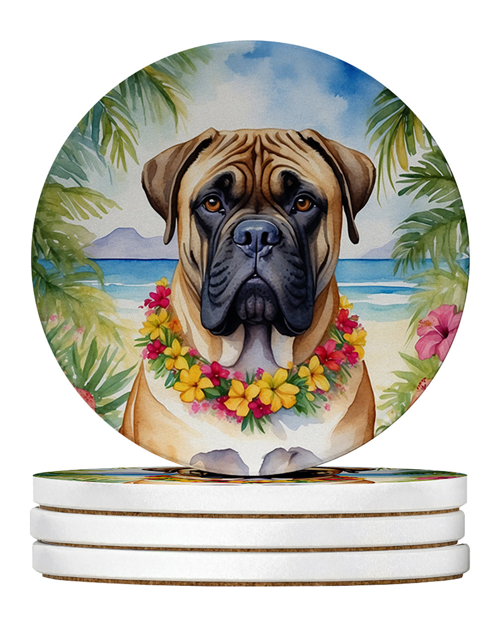 Bullmastiff Luau Large Sandstone Coasters Pack of 4 Absorbent Round Coasters Decor Gifts for Men or Women, 4 in, Multicolor