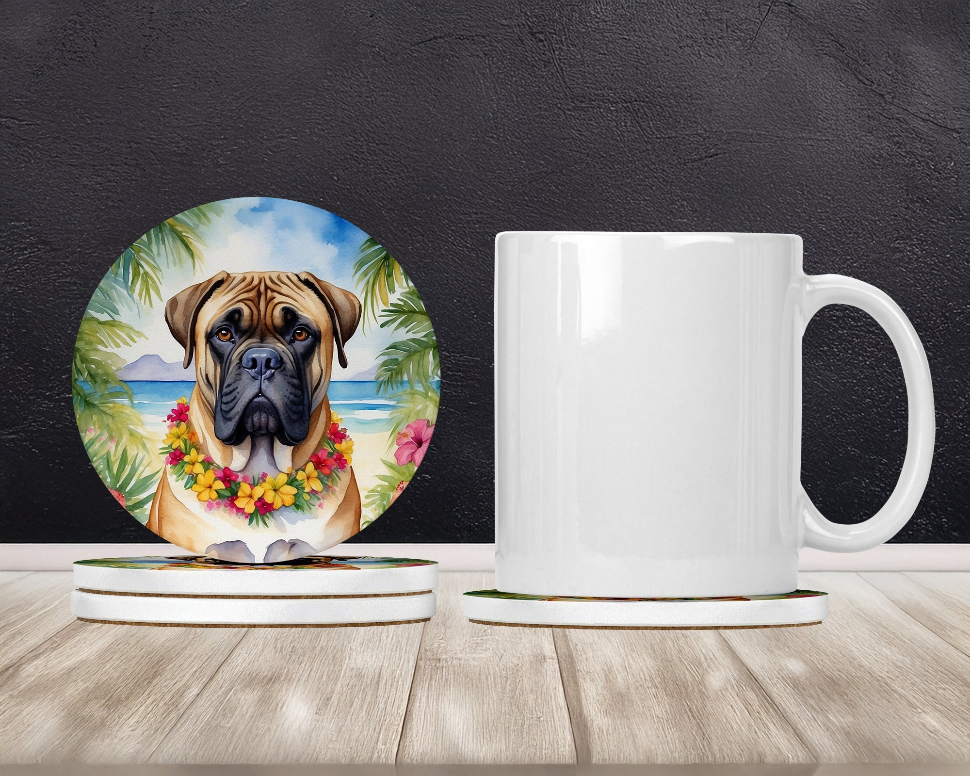 Bullmastiff Luau Large Sandstone Coasters Pack of 4 Absorbent Round Coasters Decor Gifts for Men or Women, 4 in, Multicolor