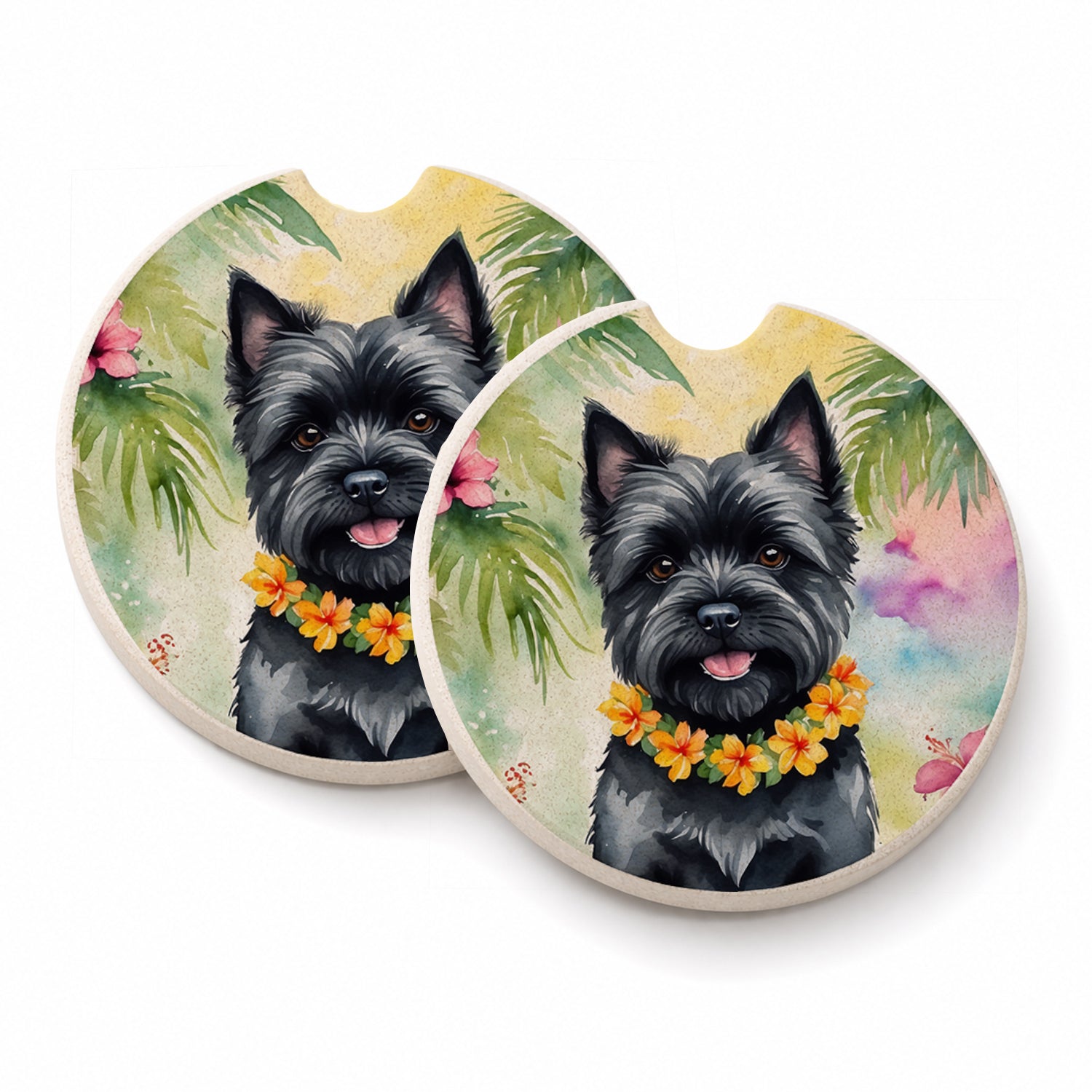 Cairn Terrier Luau Set of 2 Cup Holder Car Coasters Absorbent Round Sandstone Coasters Gifts for Men or Women, 2.5, Multicolor