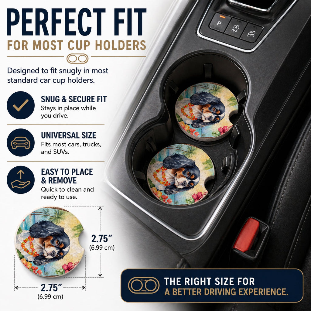 Cavalier Spaniel Luau Set of 2 Cup Holder Car Coasters Absorbent Round Sandstone Coasters Gifts for Men or Women, 2.5, Multicolor