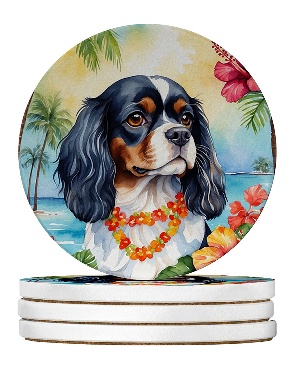 Cavalier Spaniel Luau Large Sandstone Coasters Pack of 4 Absorbent Round Coasters Decor Gifts for Men or Women, 4 in, Multicolor