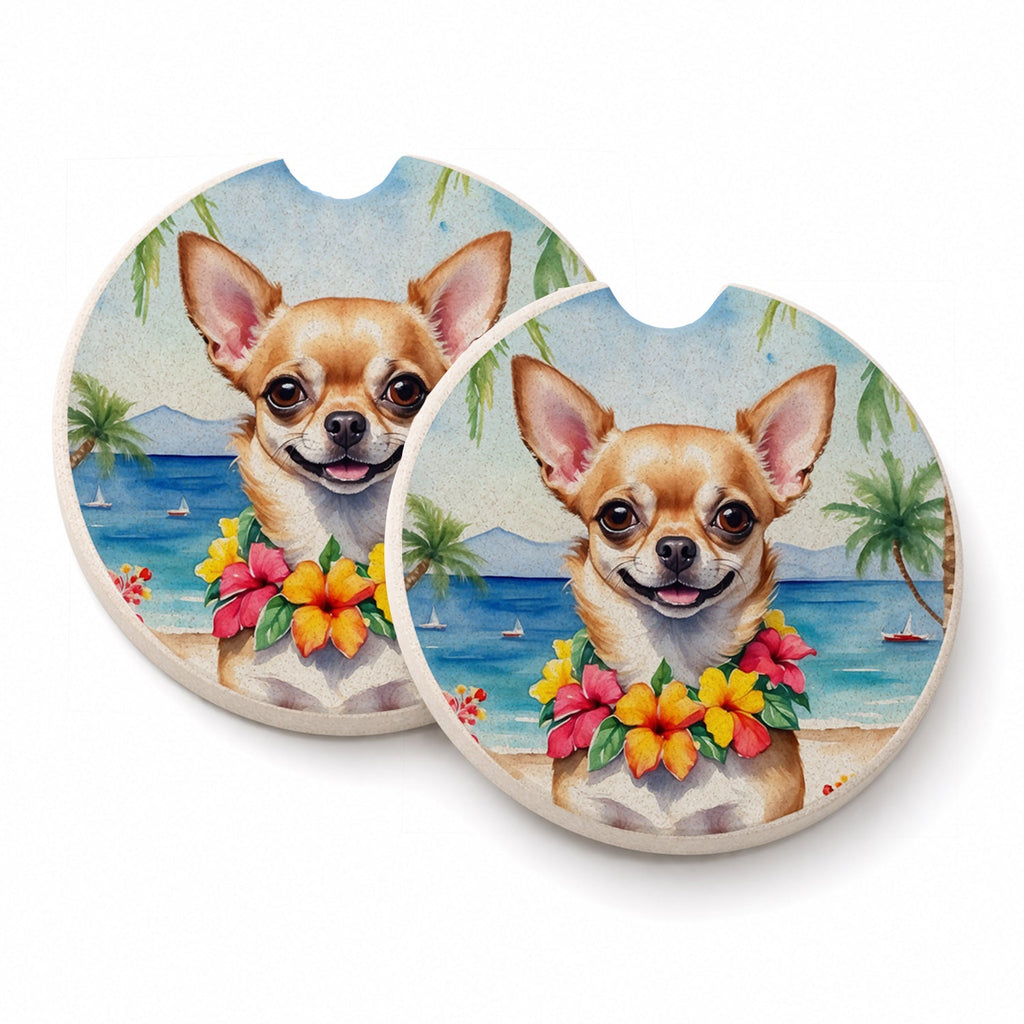 Chihuahua Luau Set of 2 Cup Holder Car Coasters Absorbent Round Sandstone Coasters Gifts for Men or Women, 2.5, Multicolor