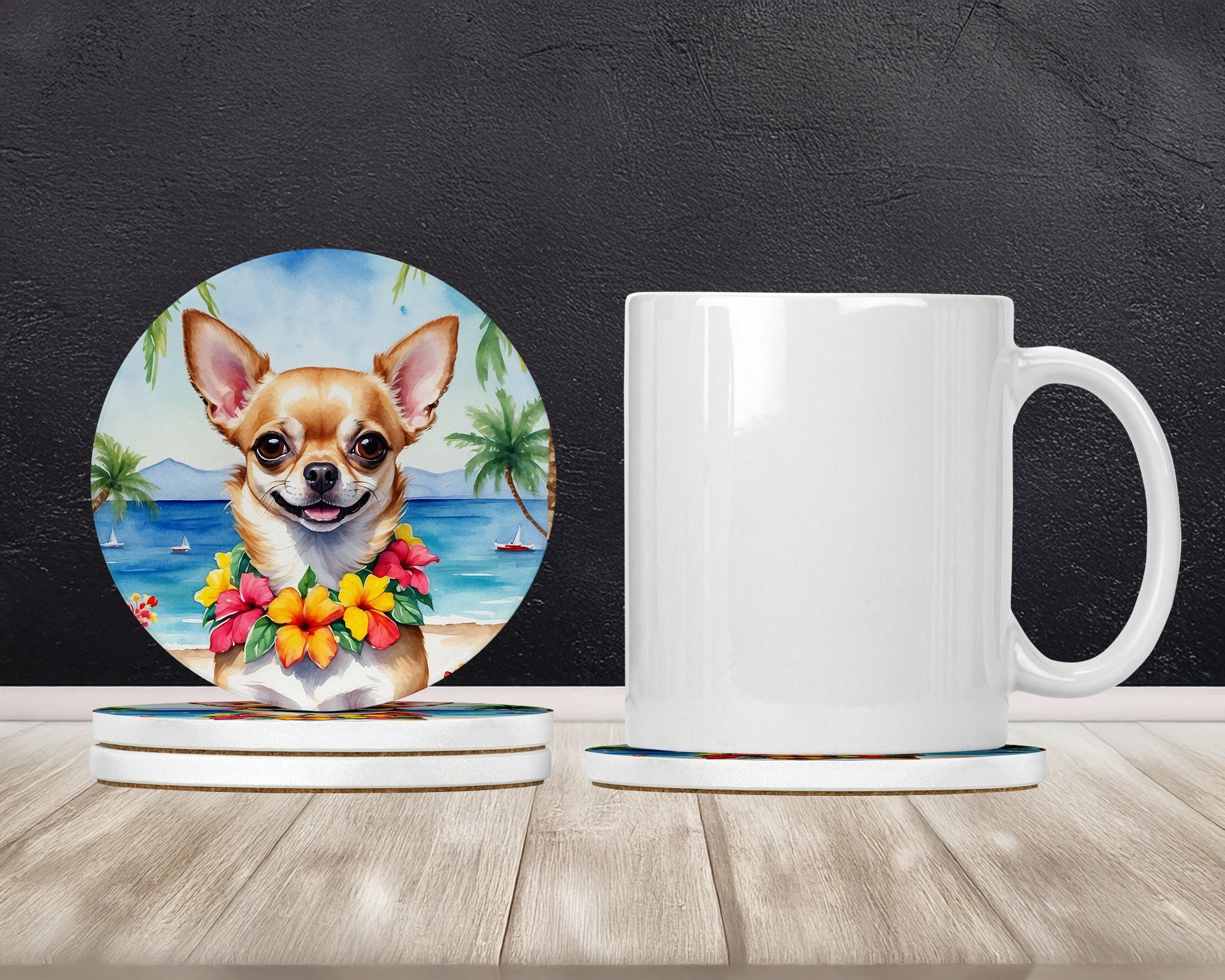 Chihuahua Luau Large Sandstone Coasters Pack of 4 Absorbent Round Coasters Decor Gifts for Men or Women, 4 in, Multicolor