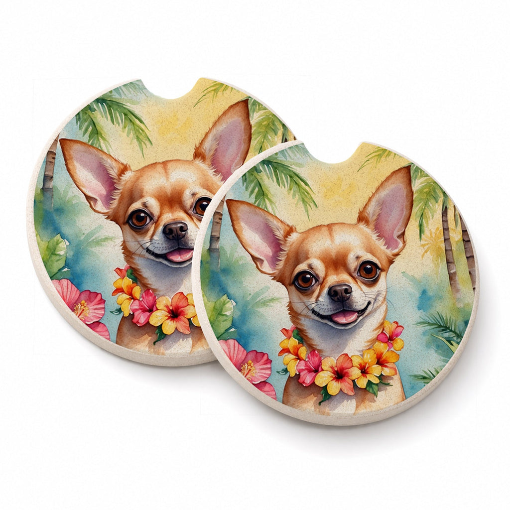Chihuahua Luau Set of 2 Cup Holder Car Coasters Absorbent Round Sandstone Coasters Gifts for Men or Women, 2.5, Multicolor