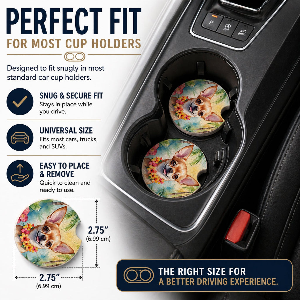 Chihuahua Luau Set of 2 Cup Holder Car Coasters Absorbent Round Sandstone Coasters Gifts for Men or Women, 2.5, Multicolor