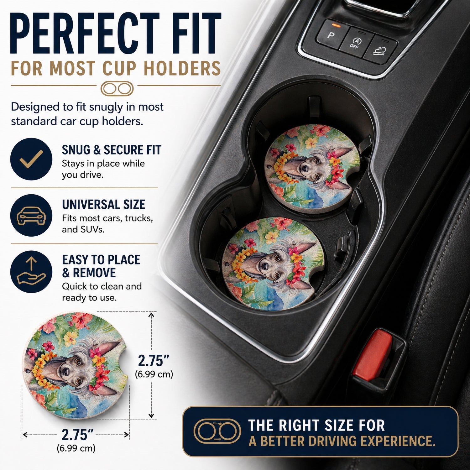 Chinese Crested Luau Set of 2 Cup Holder Car Coasters Absorbent Round Sandstone Coasters Gifts for Men or Women, 2.5, Multicolor