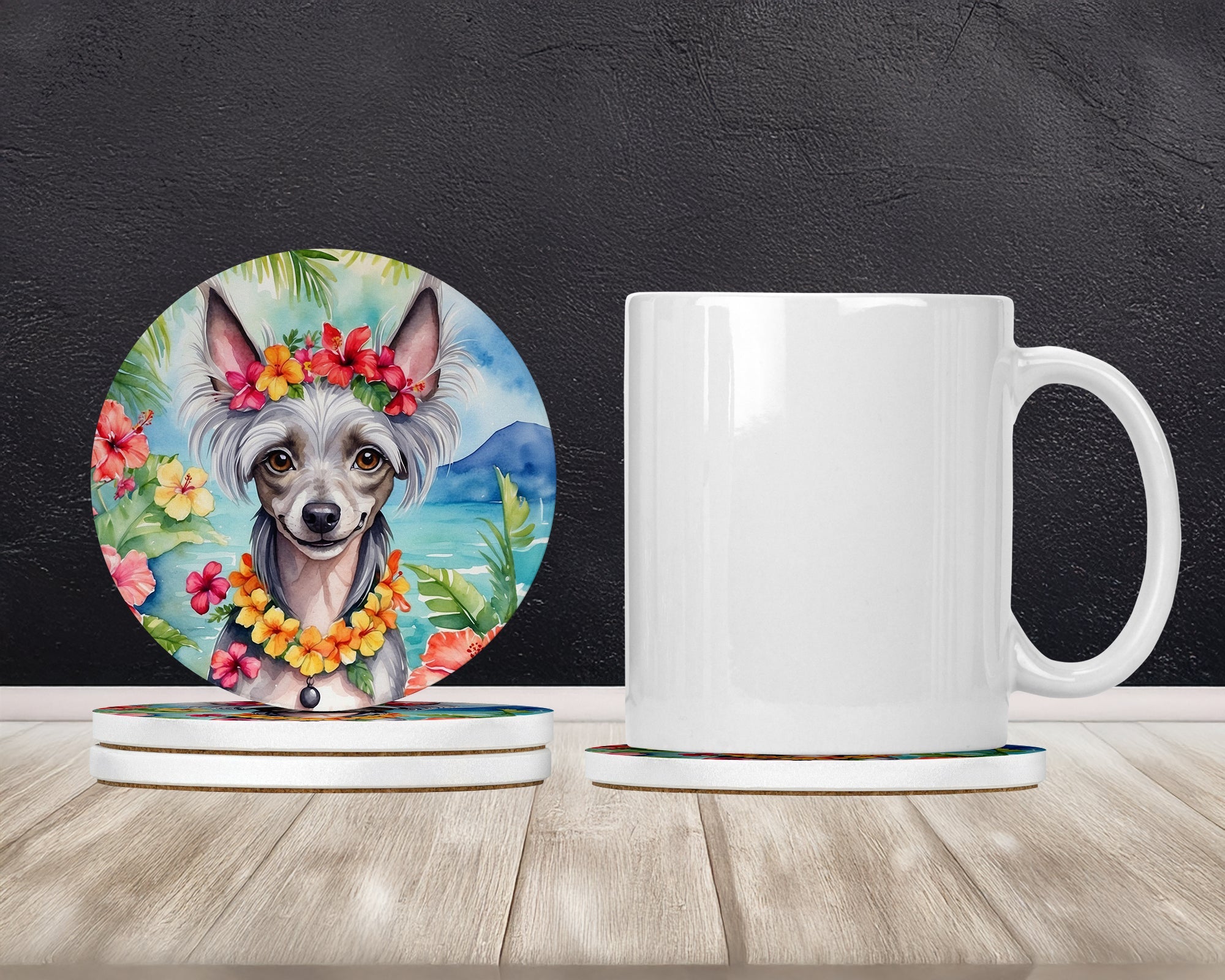 Chinese Crested Luau Large Sandstone Coasters Pack of 4 Absorbent Round Coasters Decor Gifts for Men or Women, 4 in, Multicolor