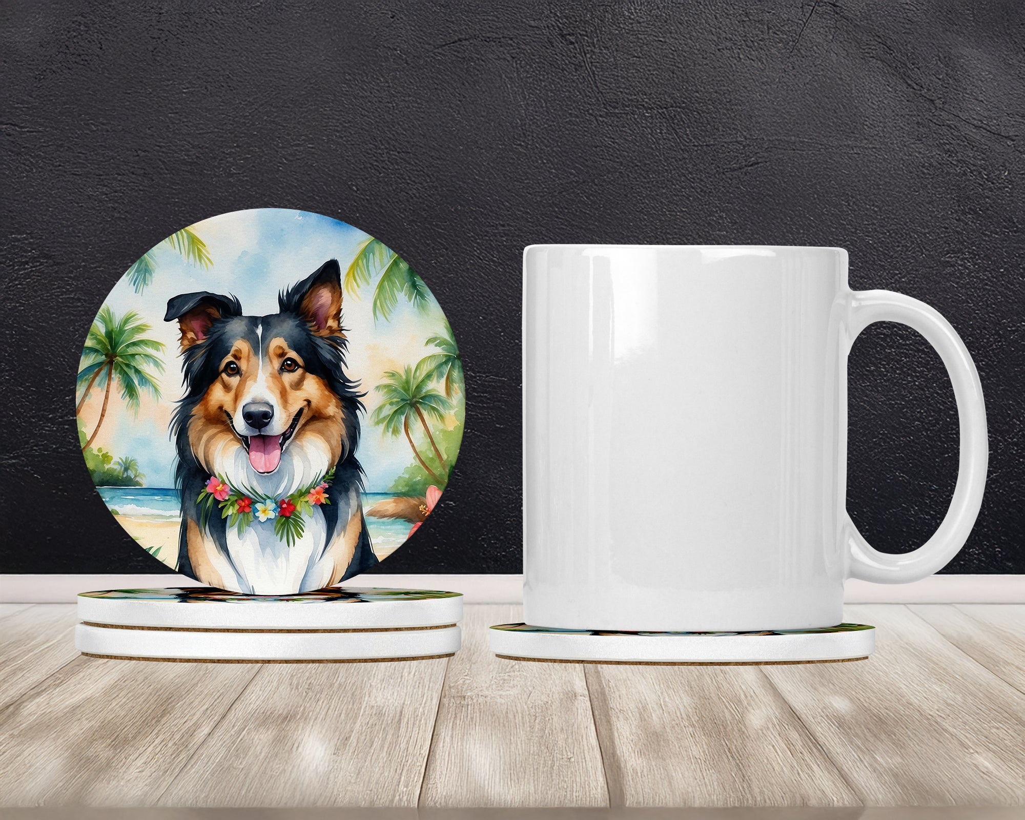 Collie Luau Large Sandstone Coasters Pack of 4 Absorbent Round Coasters Decor Gifts for Men or Women, 4 in, Multicolor