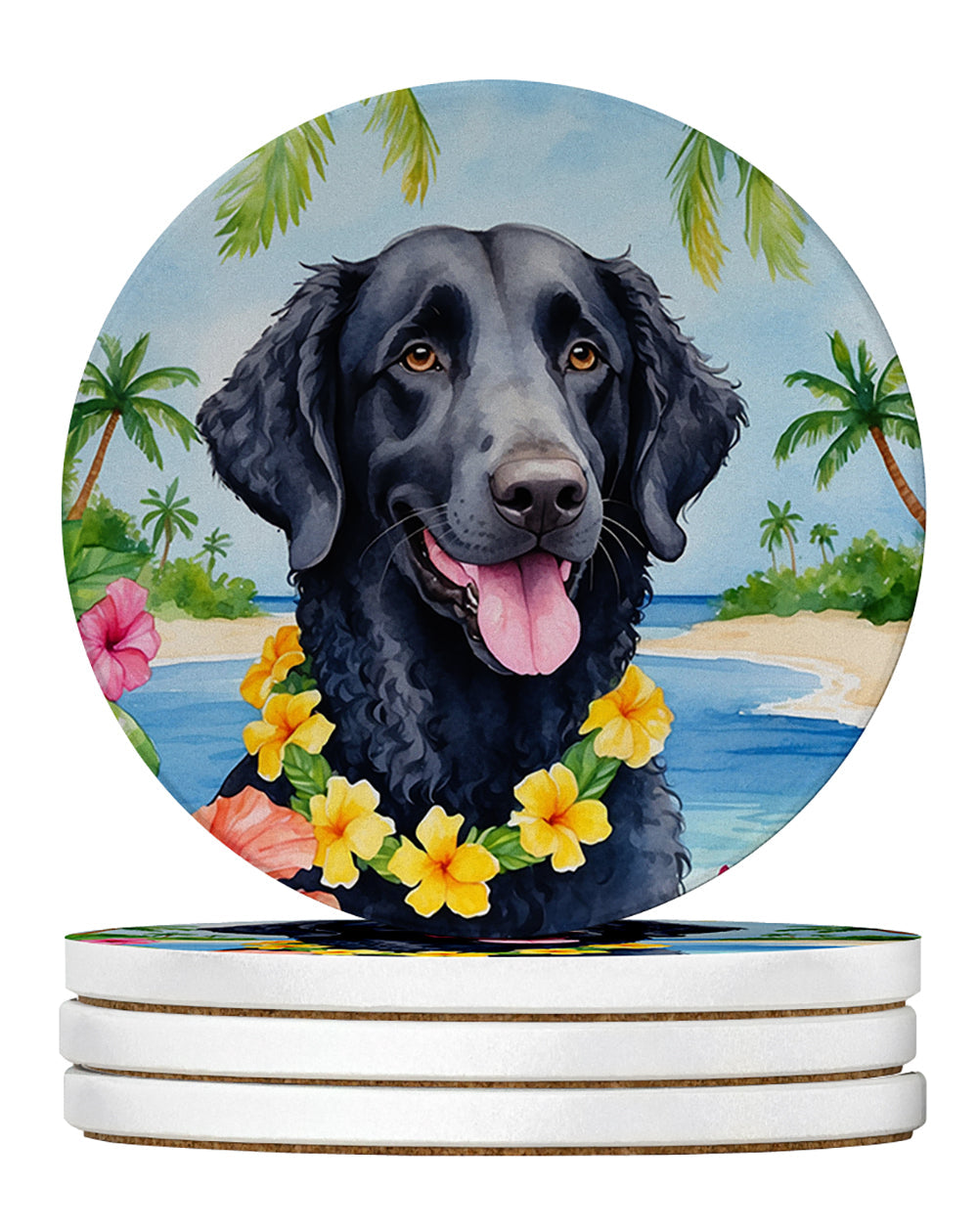 Curly-Coated Retriever Luau Large Sandstone Coasters Pack of 4 Absorbent Round Coasters Decor Gifts for Men or Women, 4 in, Multicolor