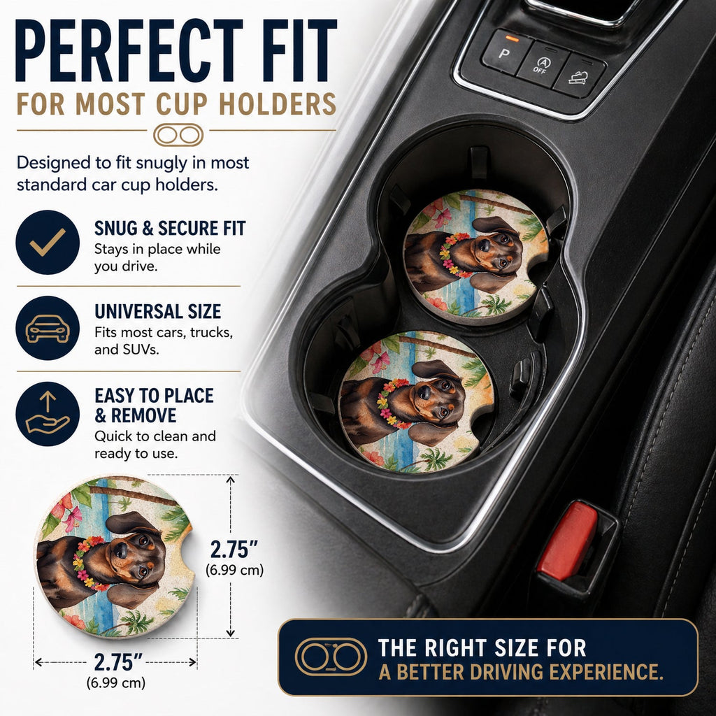 Dachshund Luau Set of 2 Cup Holder Car Coasters Absorbent Round Sandstone Coasters Gifts for Men or Women, 2.5, Multicolor