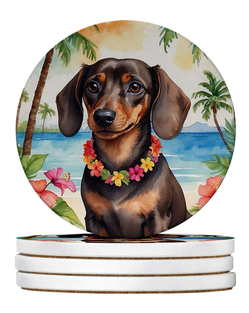 Dachshund Luau Large Sandstone Coasters Pack of 4 Absorbent Round Coasters Decor Gifts for Men or Women, 4 in, Multicolor