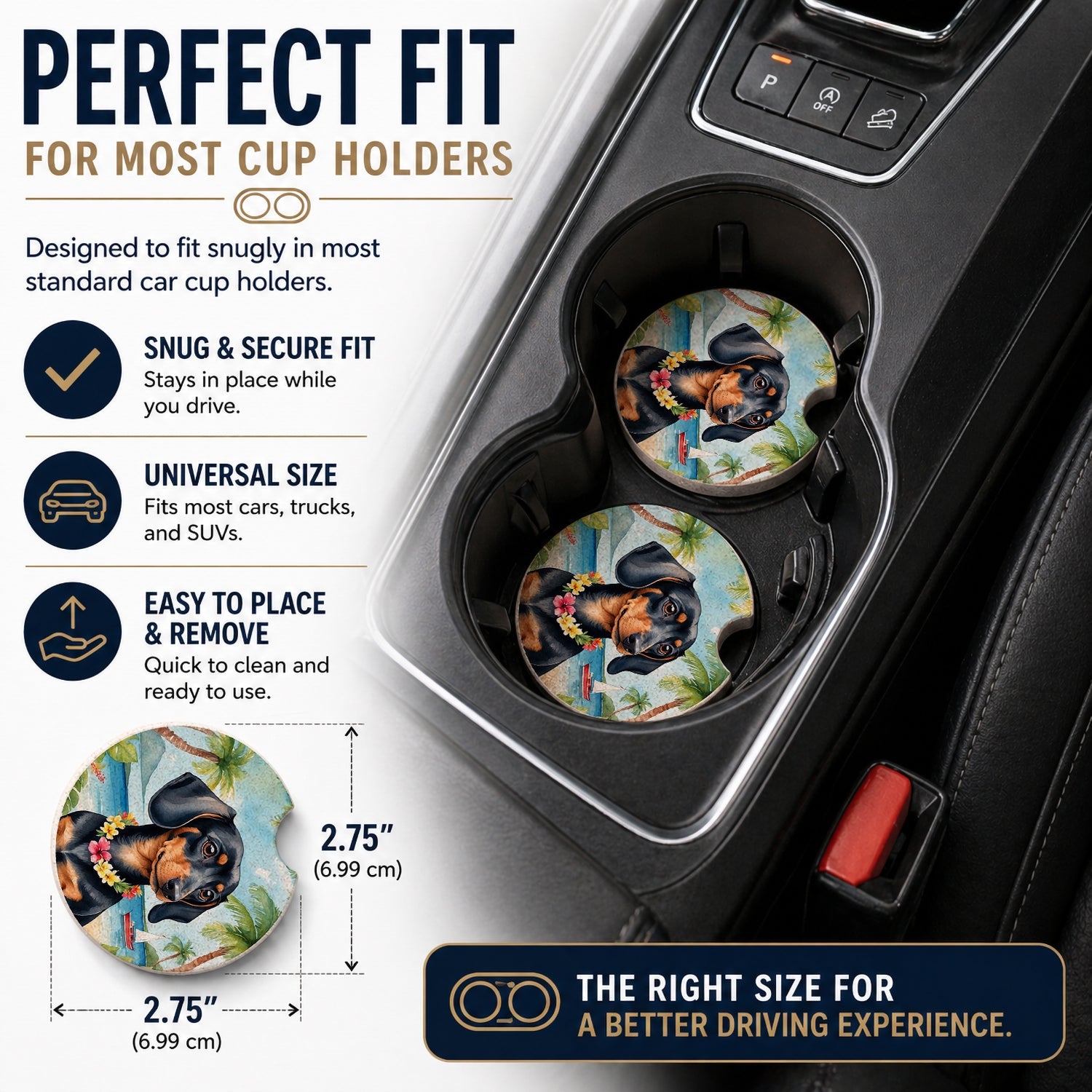 Dachshund Luau Set of 2 Cup Holder Car Coasters Absorbent Round Sandstone Coasters Gifts for Men or Women, 2.5, Multicolor