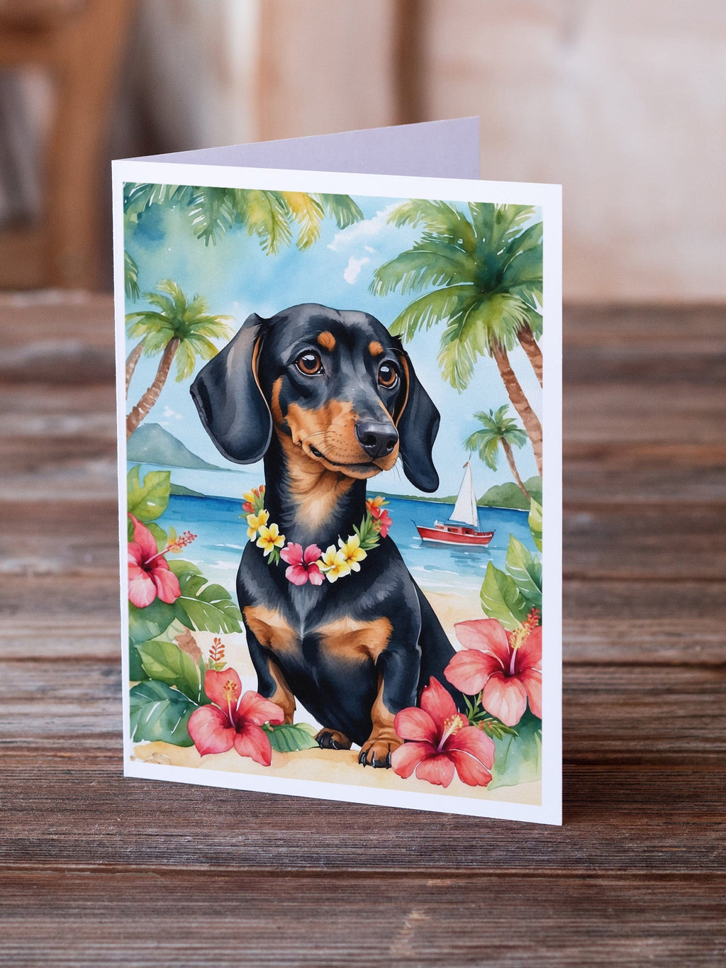 Dachshund Luau Greeting Cards Pack of 8 Blank Cards with Envelopes Whimsical A7 Size 5x7