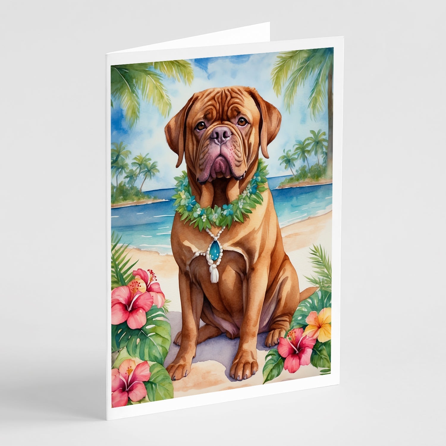 Dogue de Bordeaux Luau Greeting Cards Pack of 8 Blank Cards with Envelopes Whimsical A7 Size 5x7