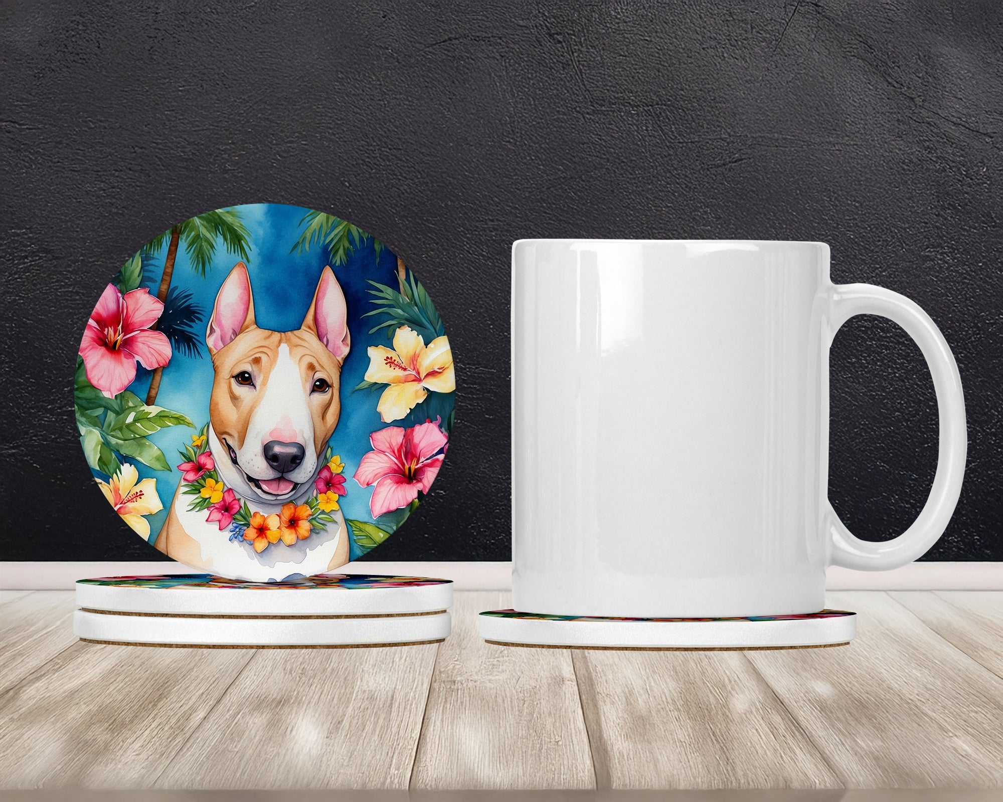 English Bull Terrier Luau Large Sandstone Coasters Pack of 4 Absorbent Round Coasters Decor Gifts for Men or Women, 4 in, Multicolor
