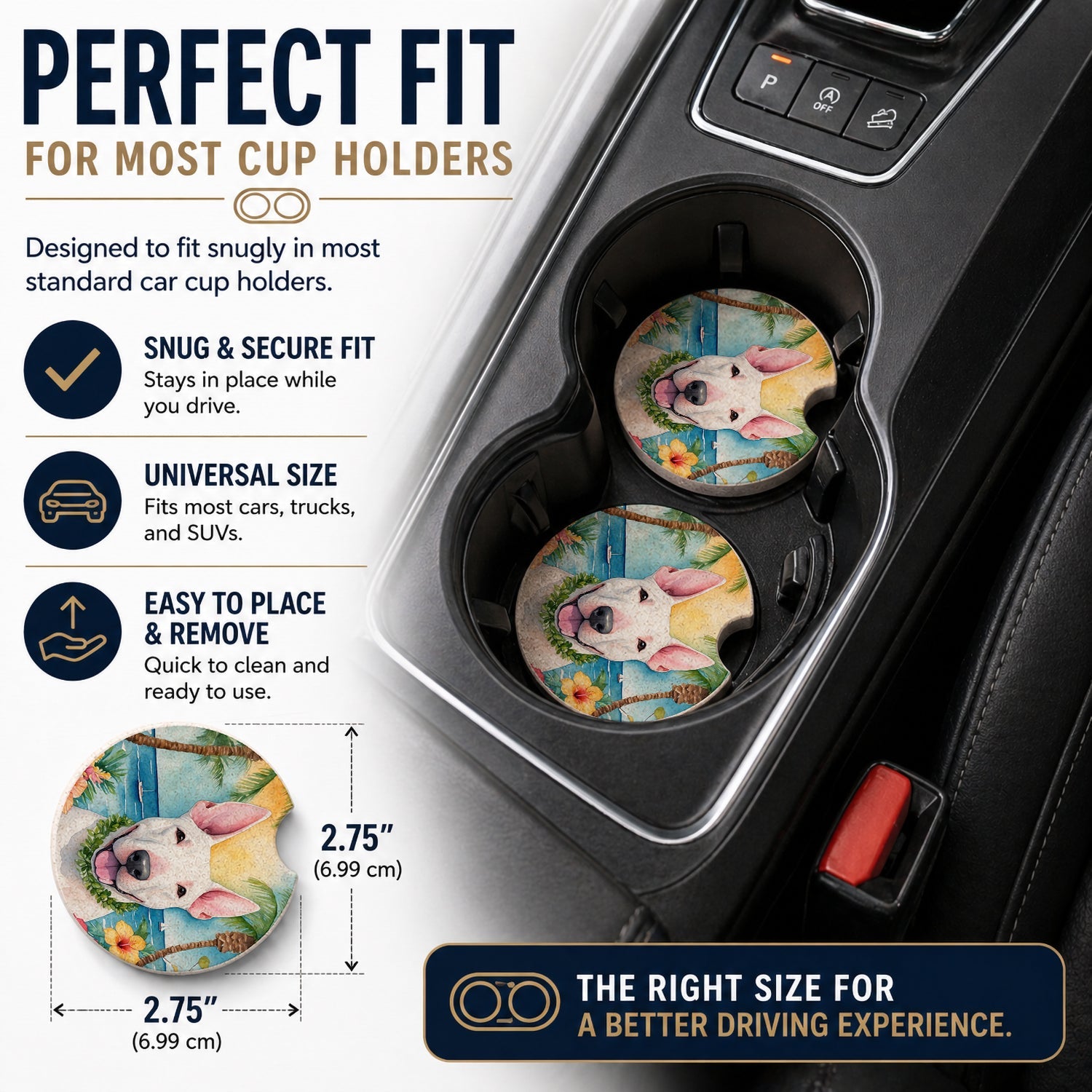 English Bull Terrier Luau Set of 2 Cup Holder Car Coasters Absorbent Round Sandstone Coasters Gifts for Men or Women, 2.5, Multicolor