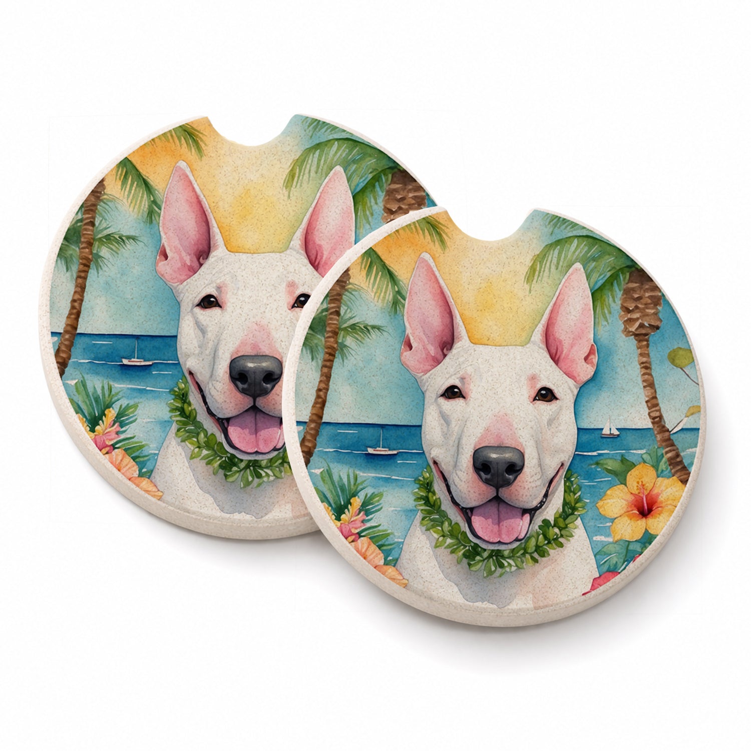 English Bull Terrier Luau Set of 2 Cup Holder Car Coasters Absorbent Round Sandstone Coasters Gifts for Men or Women, 2.5, Multicolor