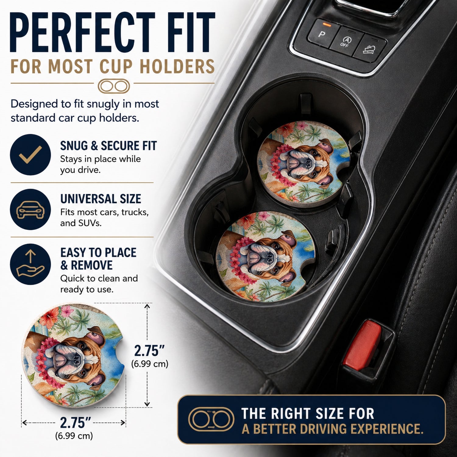 English Bulldog Luau Set of 2 Cup Holder Car Coasters Absorbent Round Sandstone Coasters Gifts for Men or Women, 2.5, Multicolor