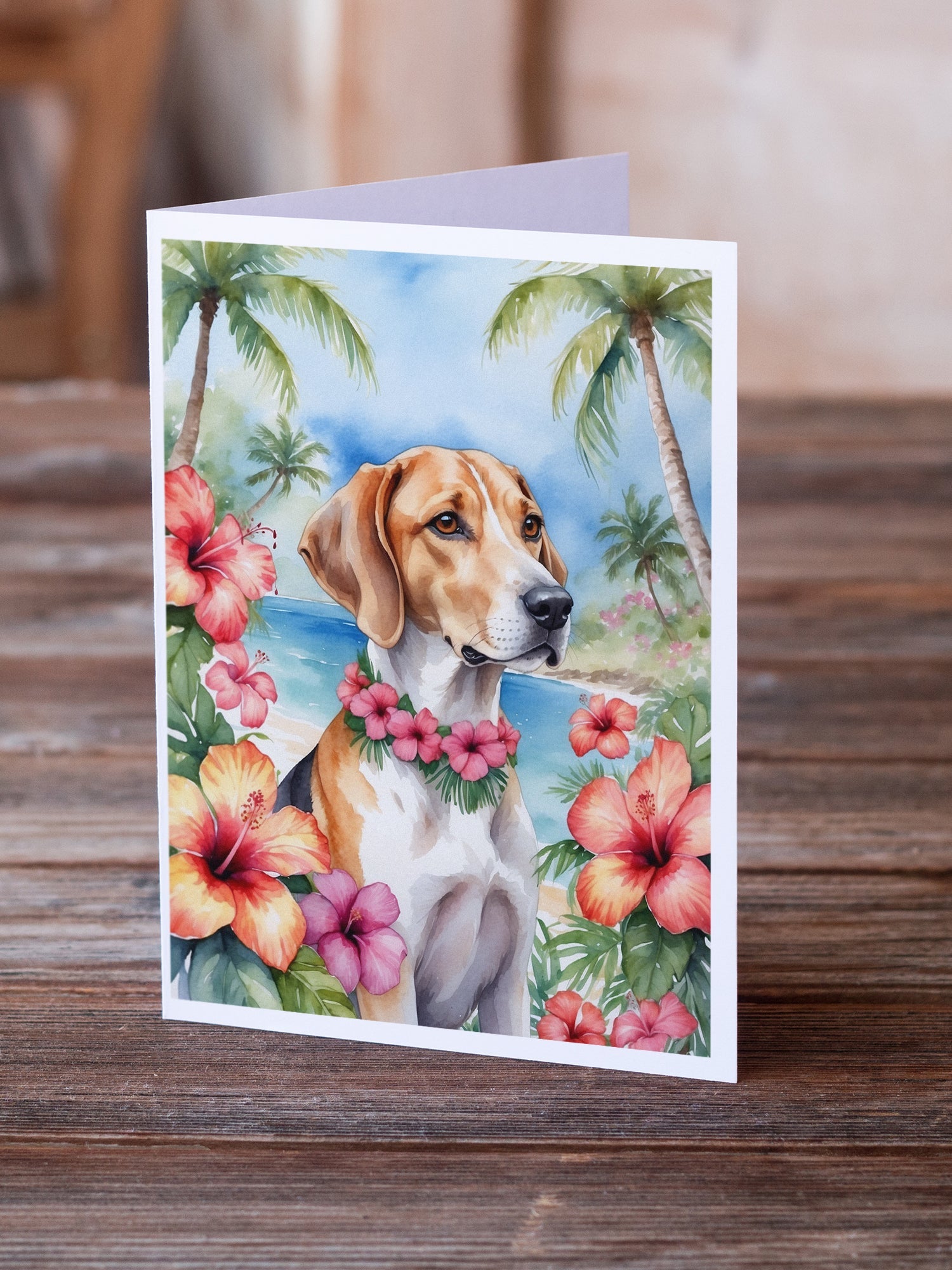 English Foxhound Luau Greeting Cards Pack of 8 Blank Cards with Envelopes Whimsical A7 Size 5x7