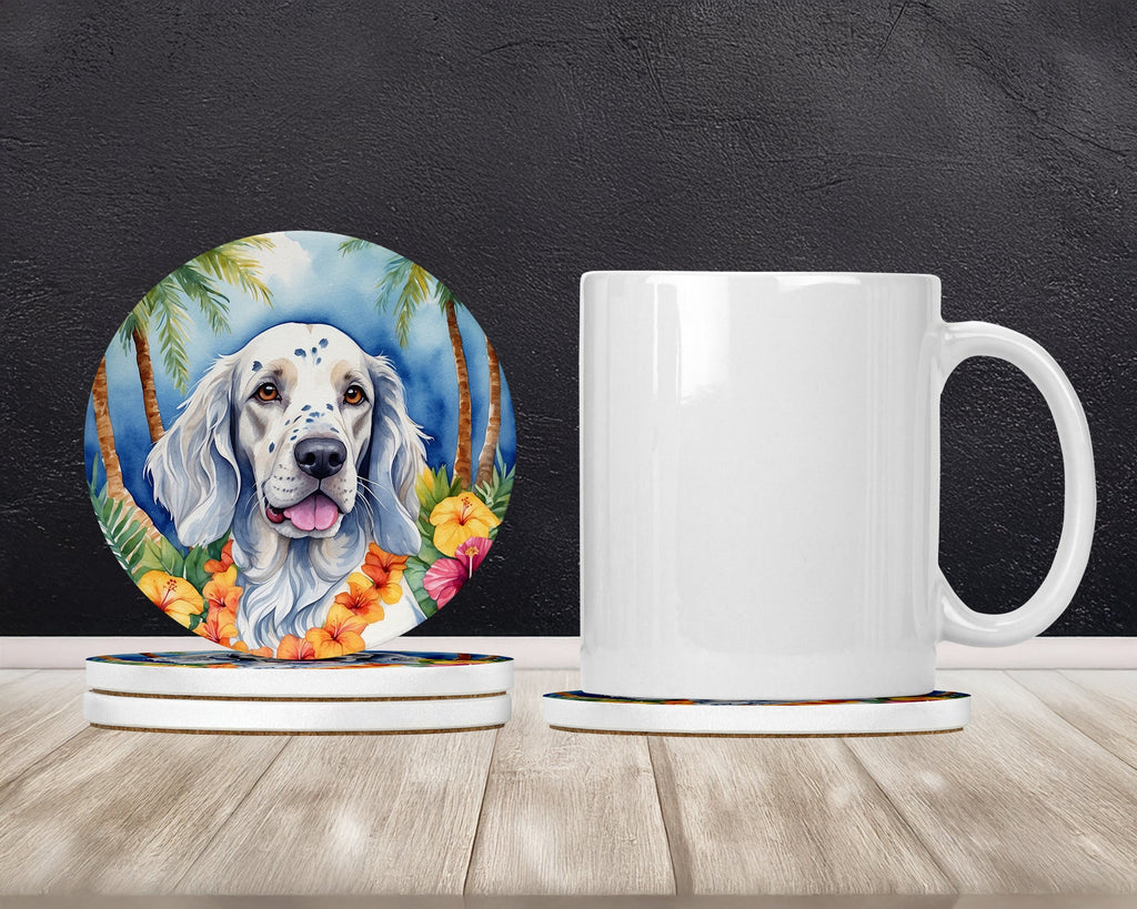 English Setter Luau Large Sandstone Coasters Pack of 4 Absorbent Round Coasters Decor Gifts for Men or Women, 4 in, Multicolor