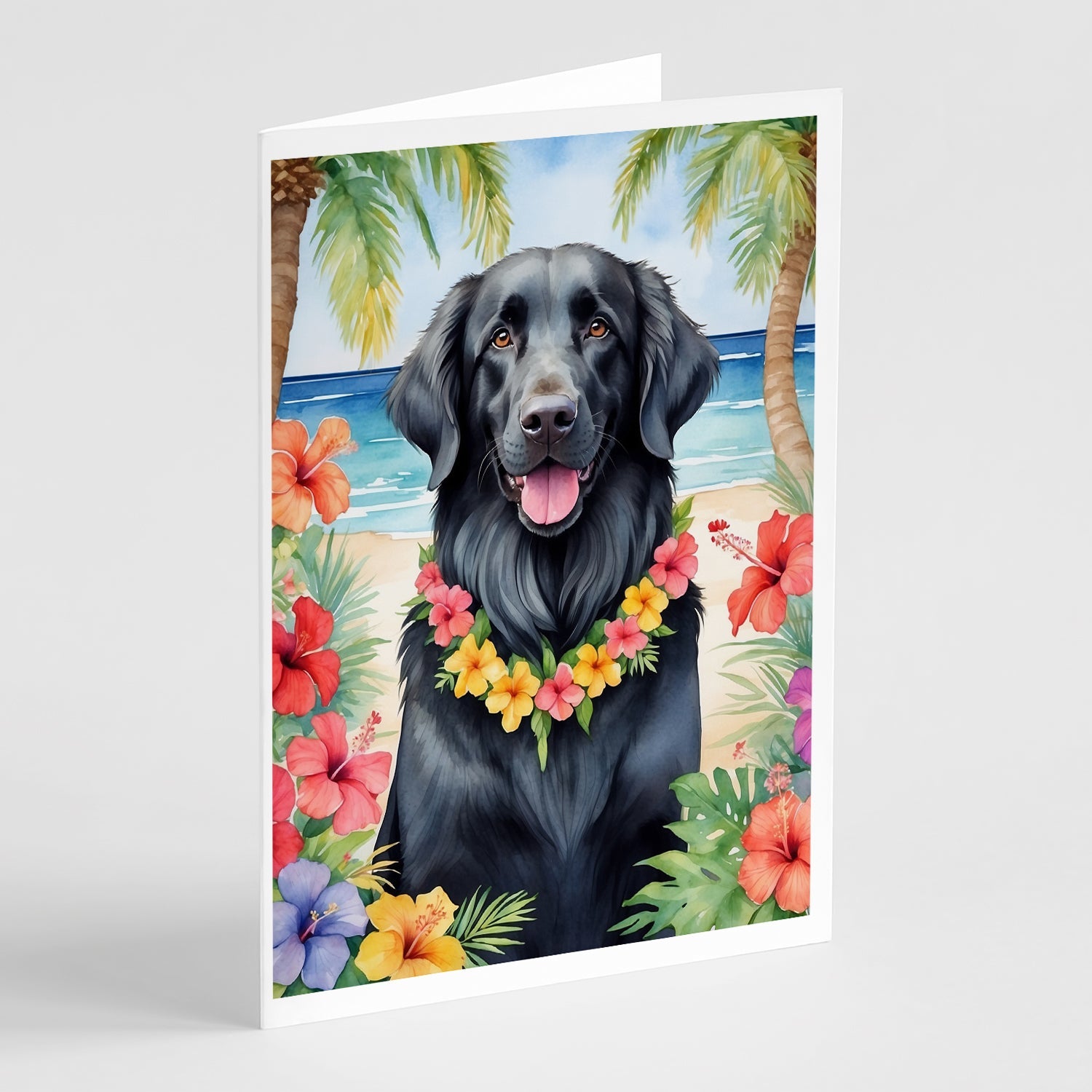 Flat-Coated Retriever Luau Greeting Cards Pack of 8 Blank Cards with Envelopes Whimsical A7 Size 5x7